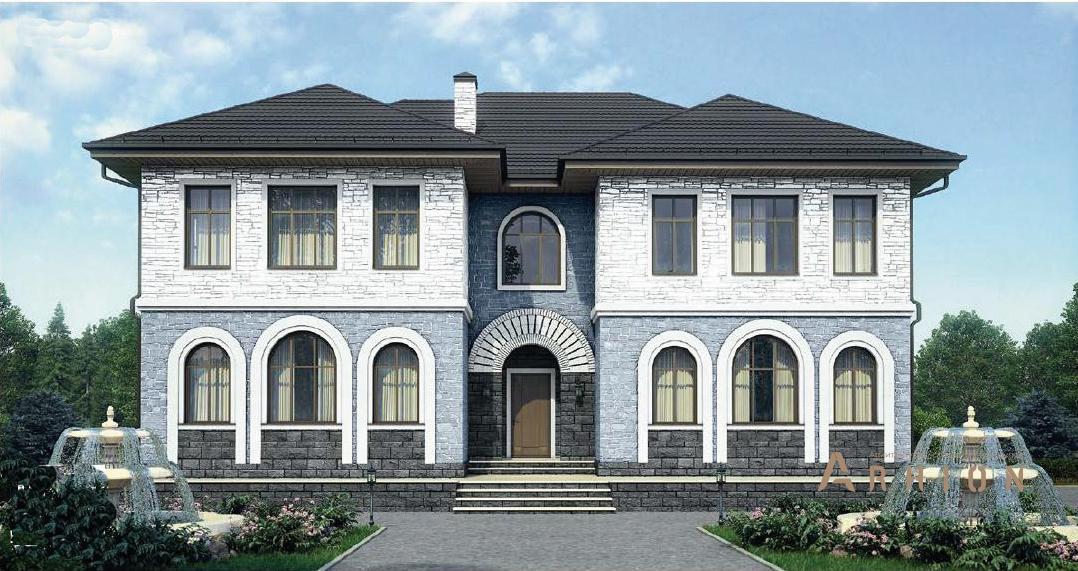 1. Проект двухэтажного дома в европейском стиле с четырехскатной, 73-68, площадью - 355 кв c сауной, терассой, гаражом