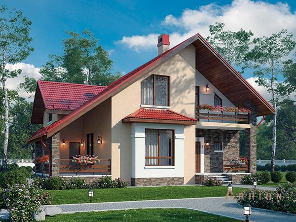 1. Проект одноэтажного дома в европейском стиле с двускатной кровлей, 74-49, площадью - 151 кв c мансардой, терассой, балконом