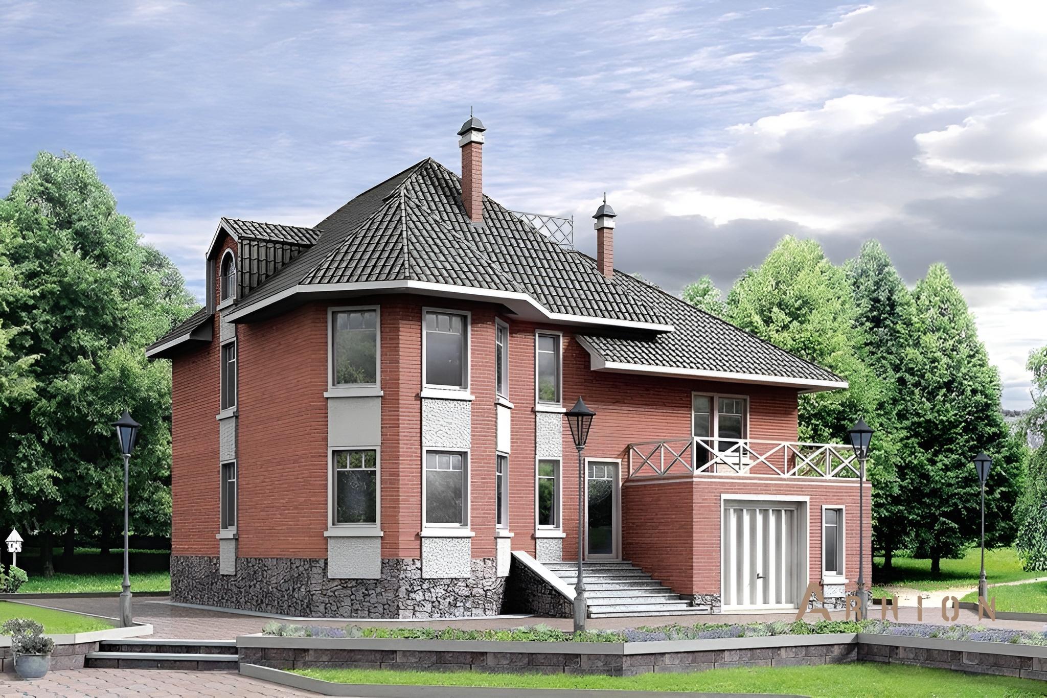 1. Проект двухэтажного дома в европейском стиле с многоскатной кровлей, 80-05, площадью - 202 кв c терассой, гаражом