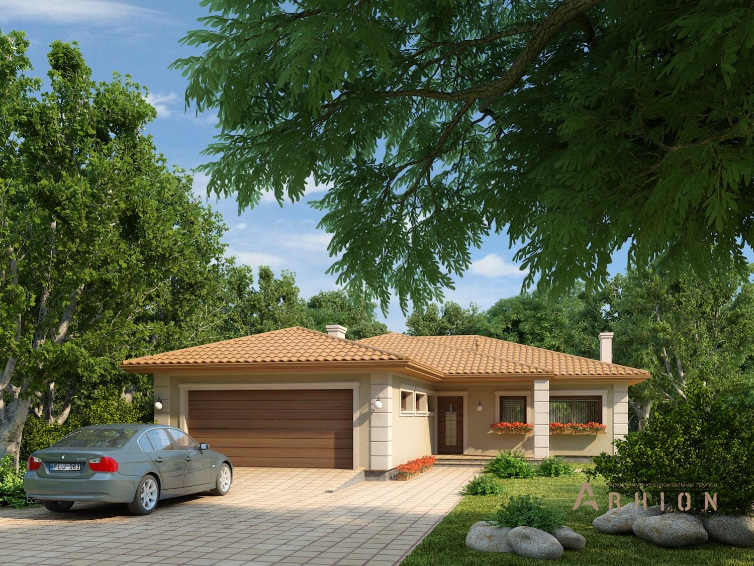 1. Проект одноэтажного дома в современном стиле с плоской кровлей , 86-158, площадью - 157 кв c терассой, гаражом