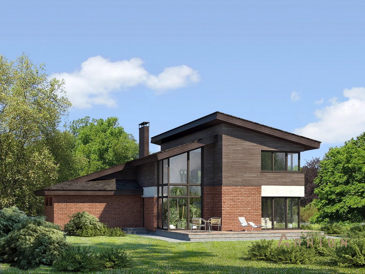 1. Проект одноэтажного дома в скандинавском стиле с односкатной кровлей, 86-208, площадью - 233 кв c мансардой, гаражом