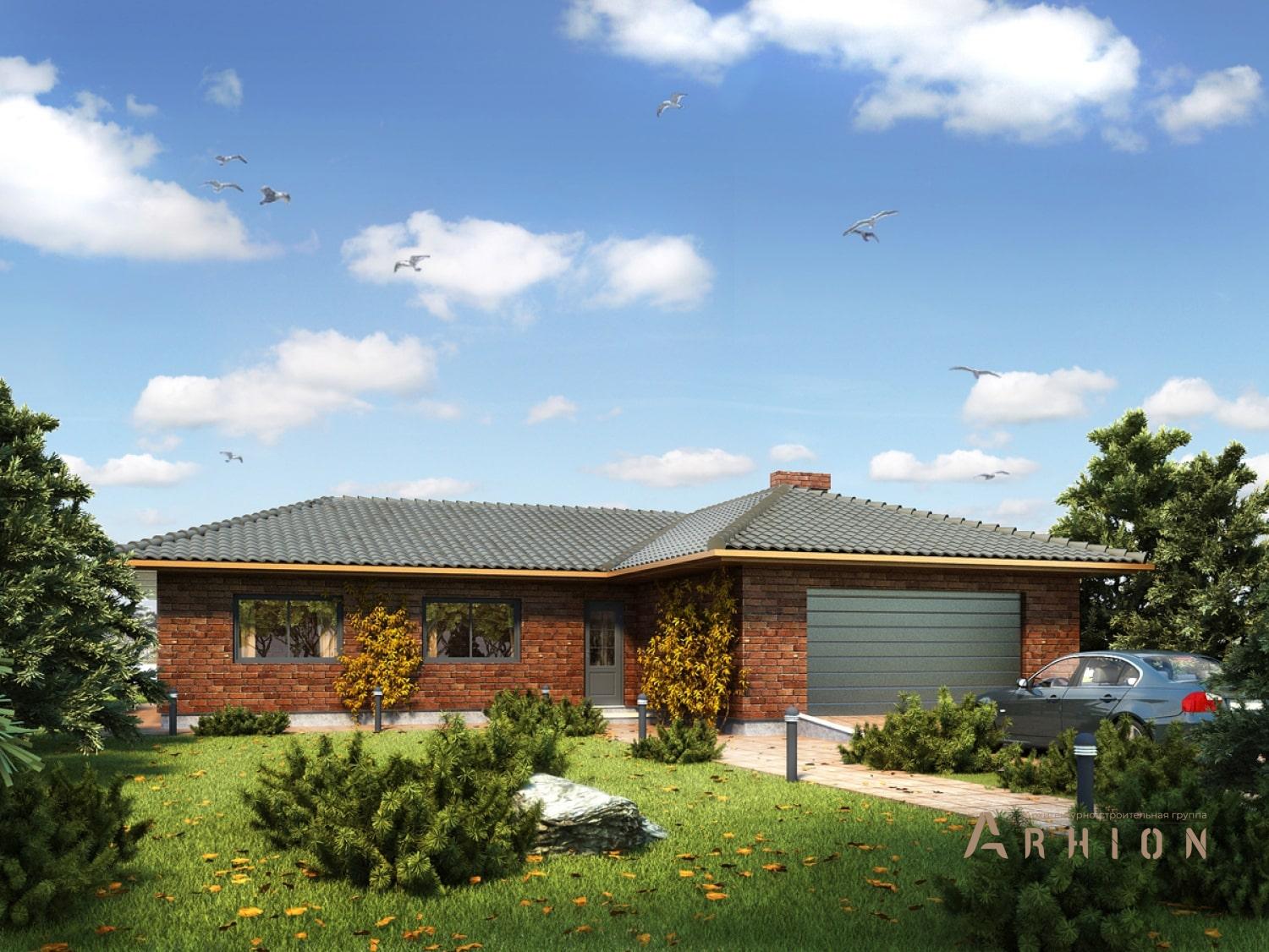 2. Проект одноэтажного дома в современном стиле с четырехскатной, 91-159, площадью - 158 кв c терассой, гаражом