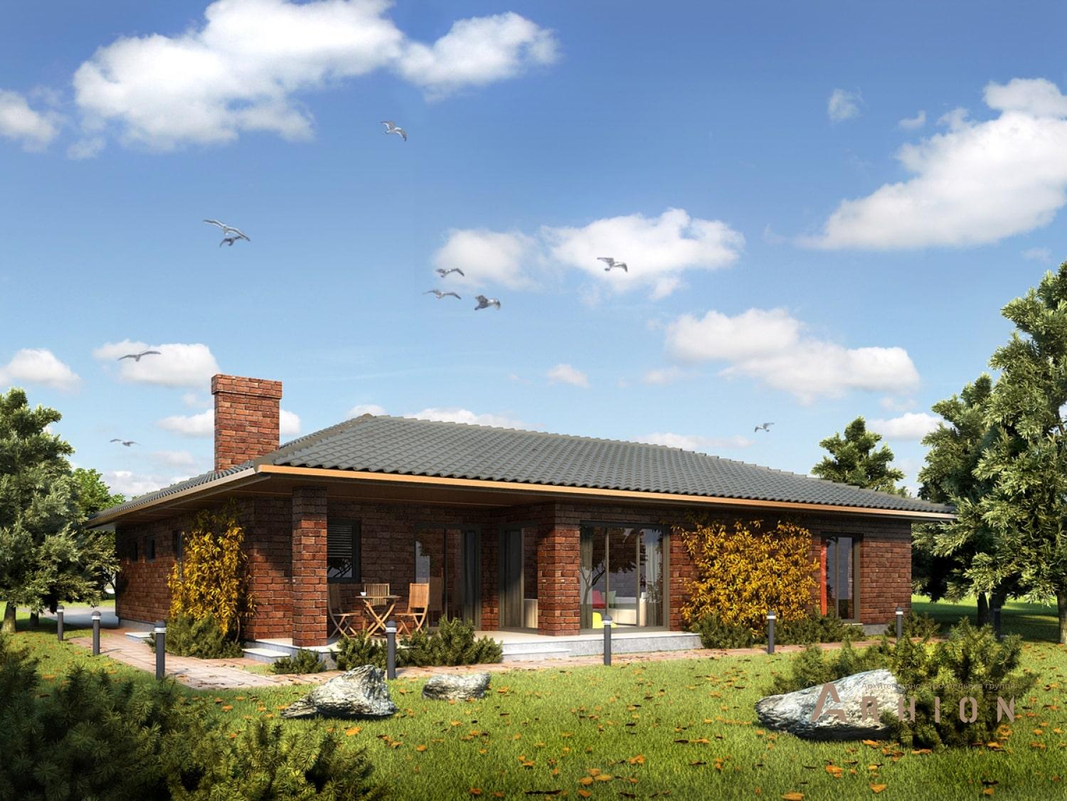 1. Проект одноэтажного дома в современном стиле с четырехскатной, 91-159, площадью - 158 кв c терассой, гаражом