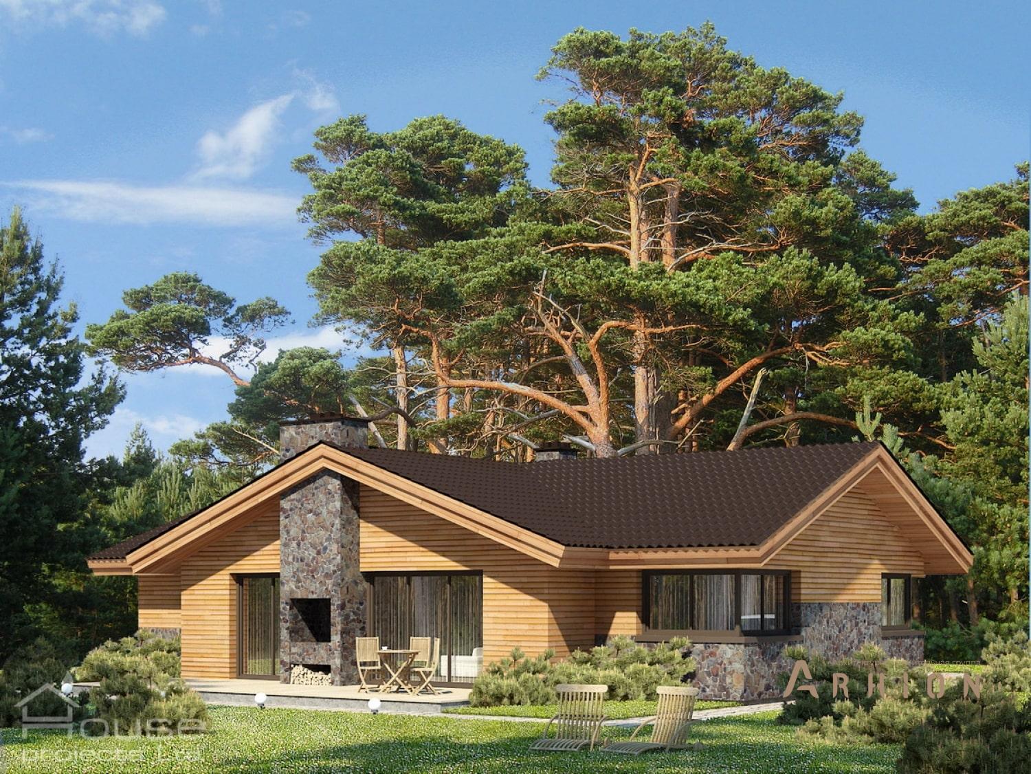 2. Проект одноэтажного дома в скандинавском стиле с плоской кровлей , 94-151, площадью - 173 кв c терассой, гаражом