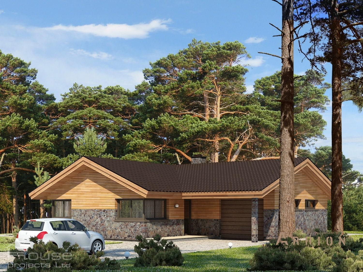 1. Проект одноэтажного дома в скандинавском стиле с плоской кровлей , 94-151, площадью - 173 кв c терассой, гаражом