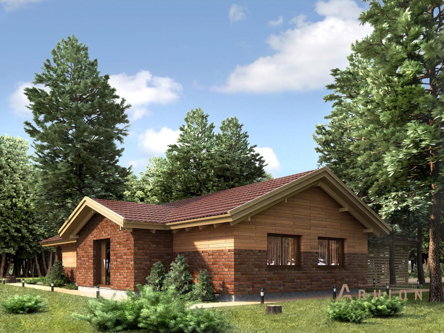 2. Проект одноэтажного дома в альпийском стиле с двускатной кровлей, 96-150, площадью - 150 кв c терассой, гаражом