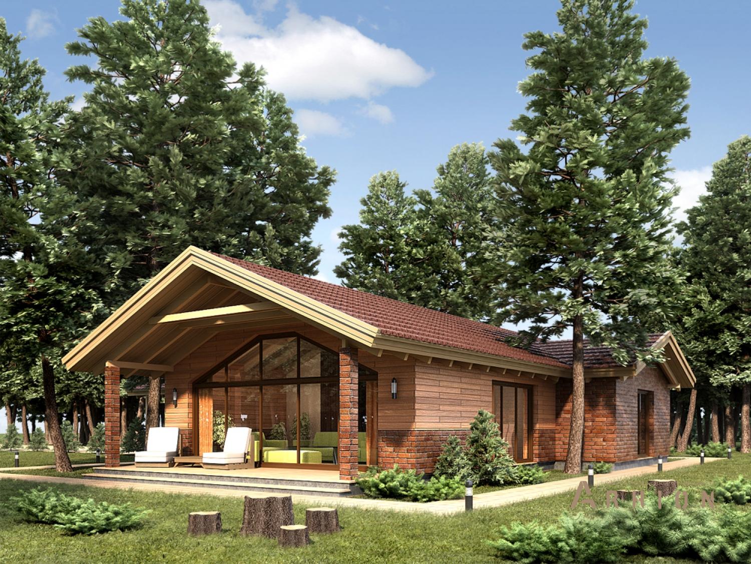 1. Проект одноэтажного дома в альпийском стиле с двускатной кровлей, 96-150, площадью - 150 кв c терассой, гаражом