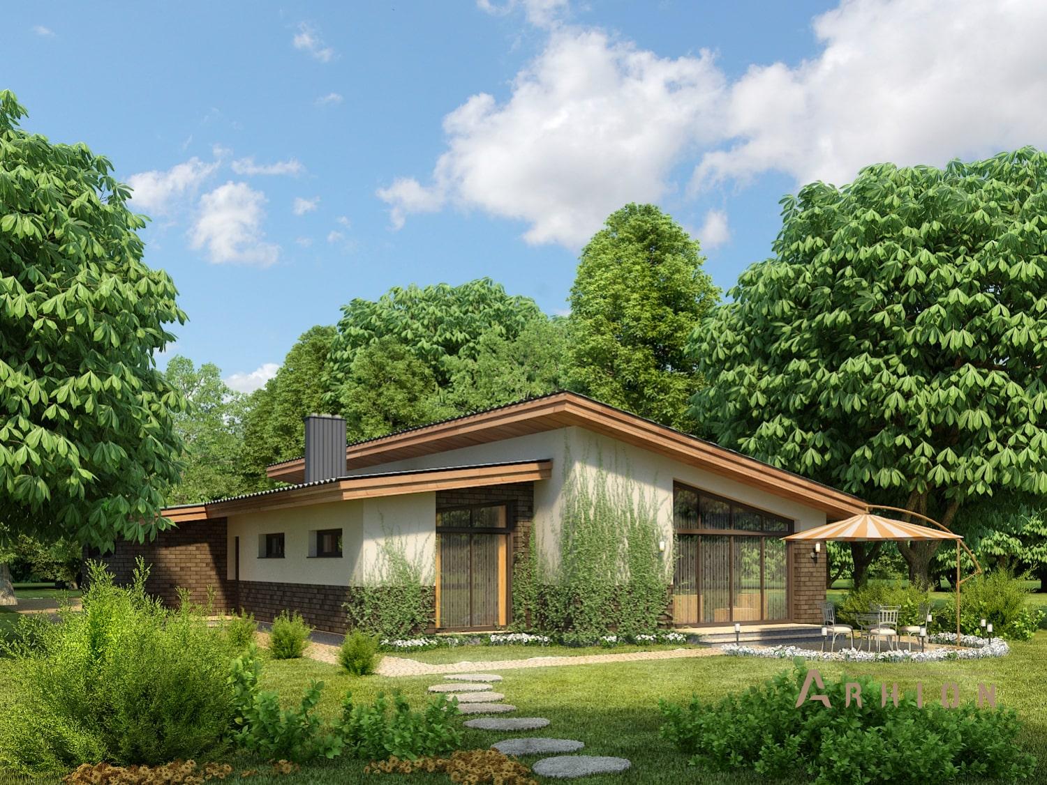 4. Проект одноэтажного дома в скандинавском стиле с односкатной кровлей, 96-178, площадью - 175 кв c терассой, гаражом