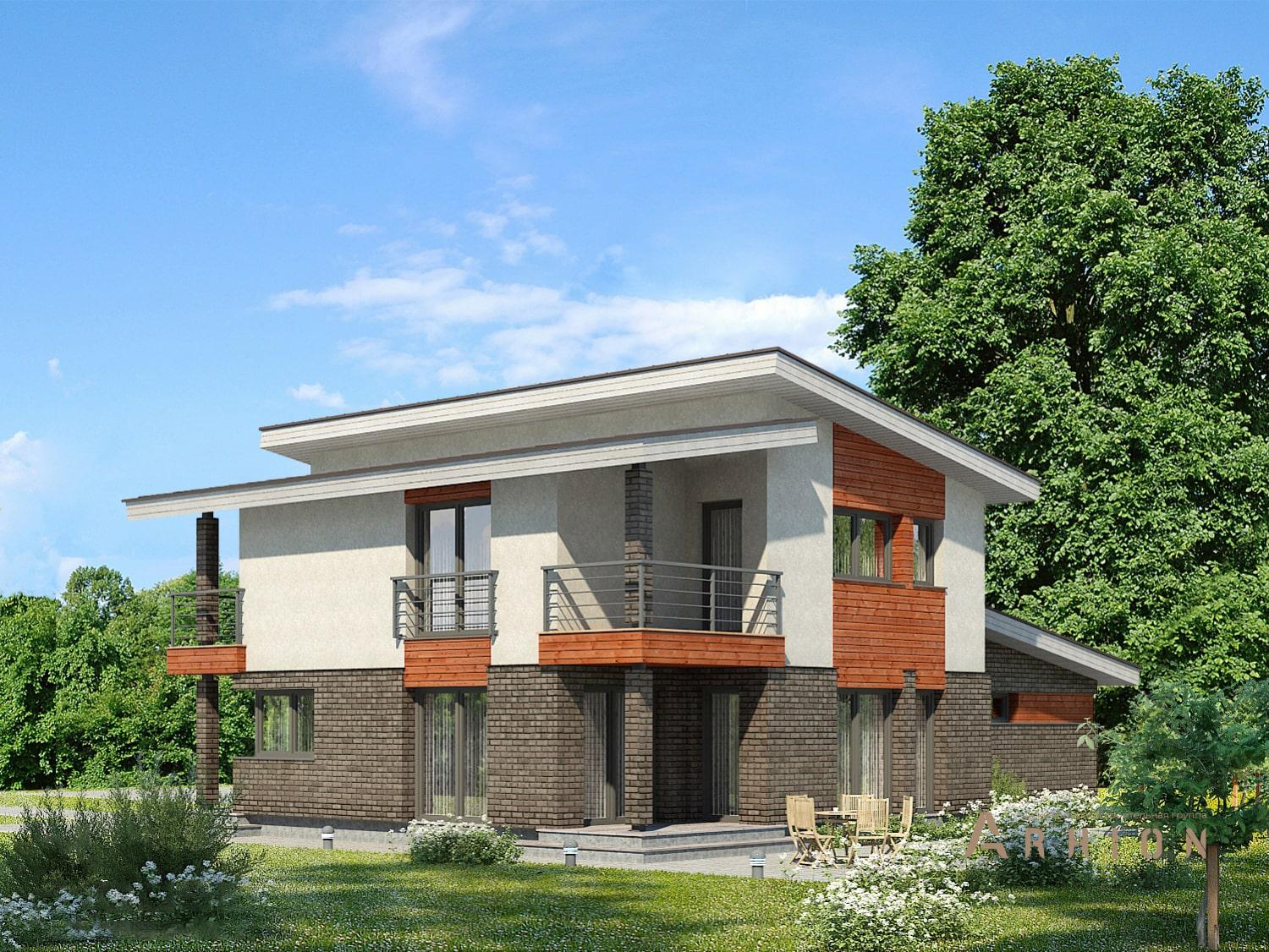 2. Проект двухэтажного дома в скандинавском стиле с односкатной кровлей, 97-193, площадью - 191 кв c балконом, гаражом