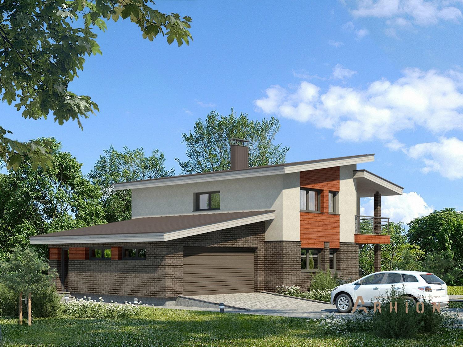 1. Проект двухэтажного дома в скандинавском стиле с односкатной кровлей, 97-193, площадью - 191 кв c балконом, гаражом