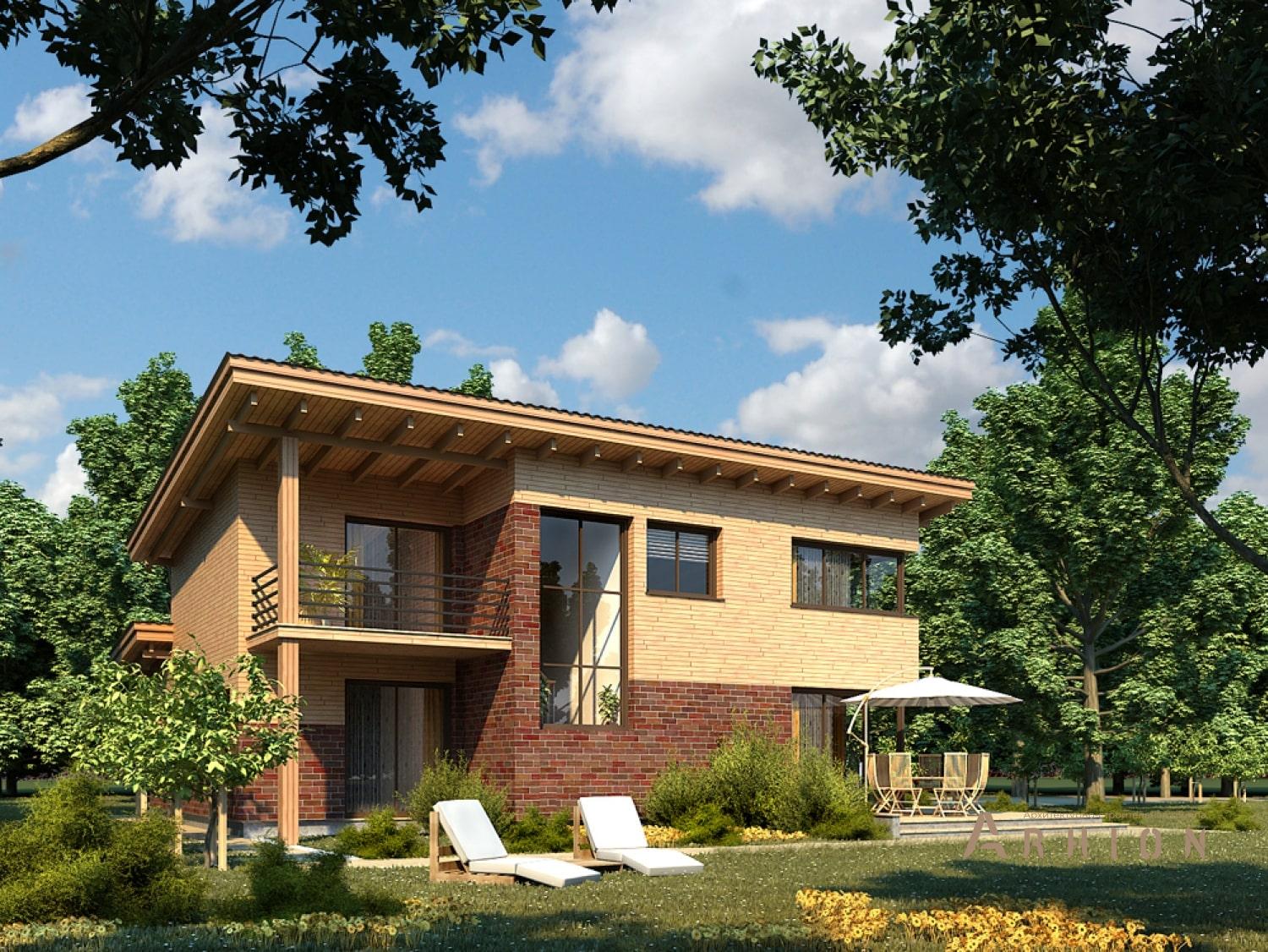 1. Проект двухэтажного дома в европейском стиле с односкатной кровлей, 99-203, площадью - 202 кв c терассой, балконом, гаражом