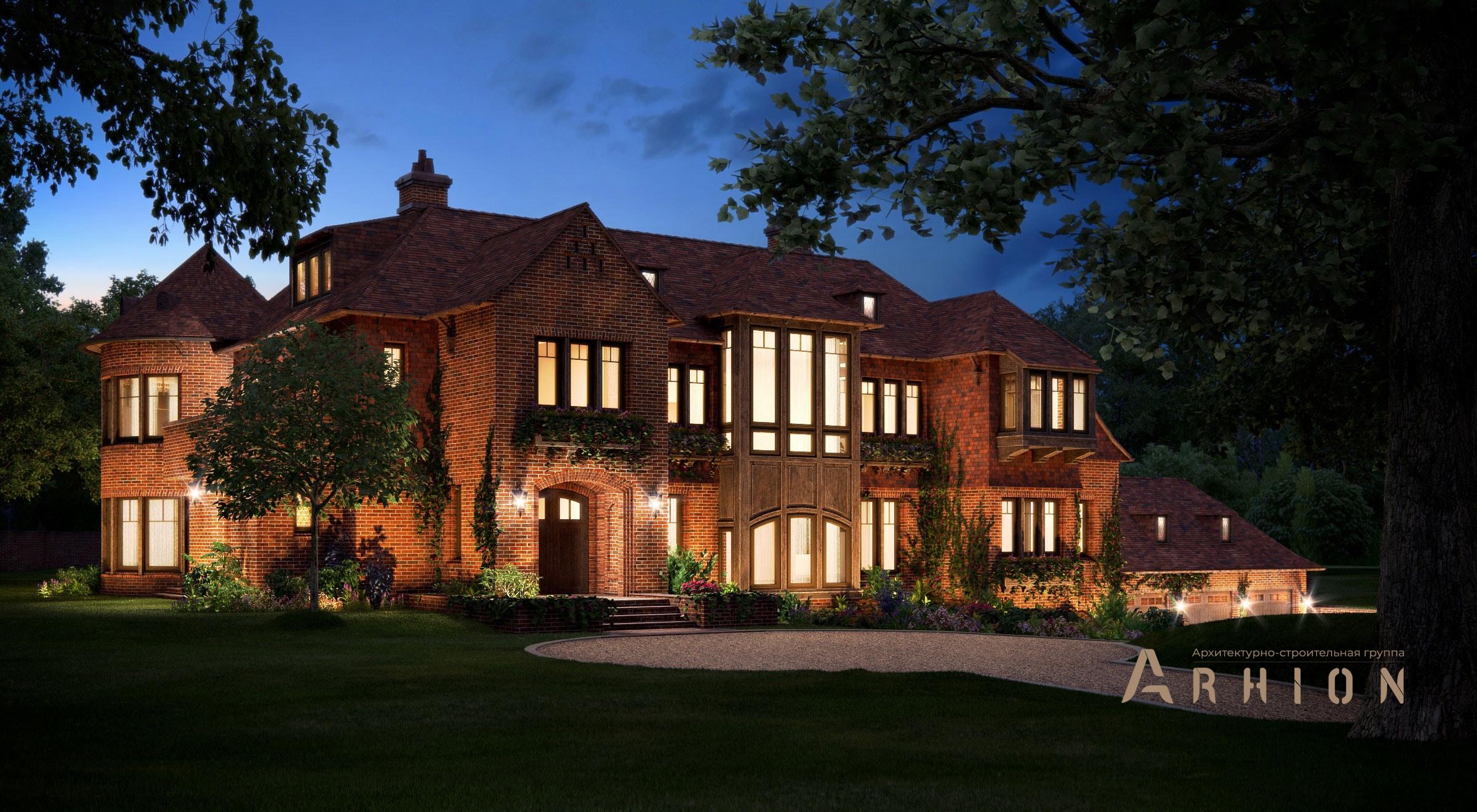 2. Проект двухэтажного дома в английском стиле с многоскатной кровлей, al-1400, площадью - 1400 кв c цокольным этажом, мансардой, сауной, терассой, балконом, гаражом, вторым светом