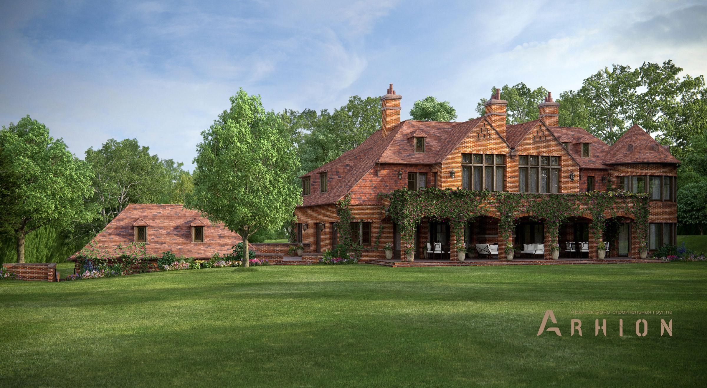 3. Проект двухэтажного дома в английском стиле с многоскатной кровлей, al-1400, площадью - 1400 кв c цокольным этажом, мансардой, сауной, терассой, балконом, гаражом, вторым светом