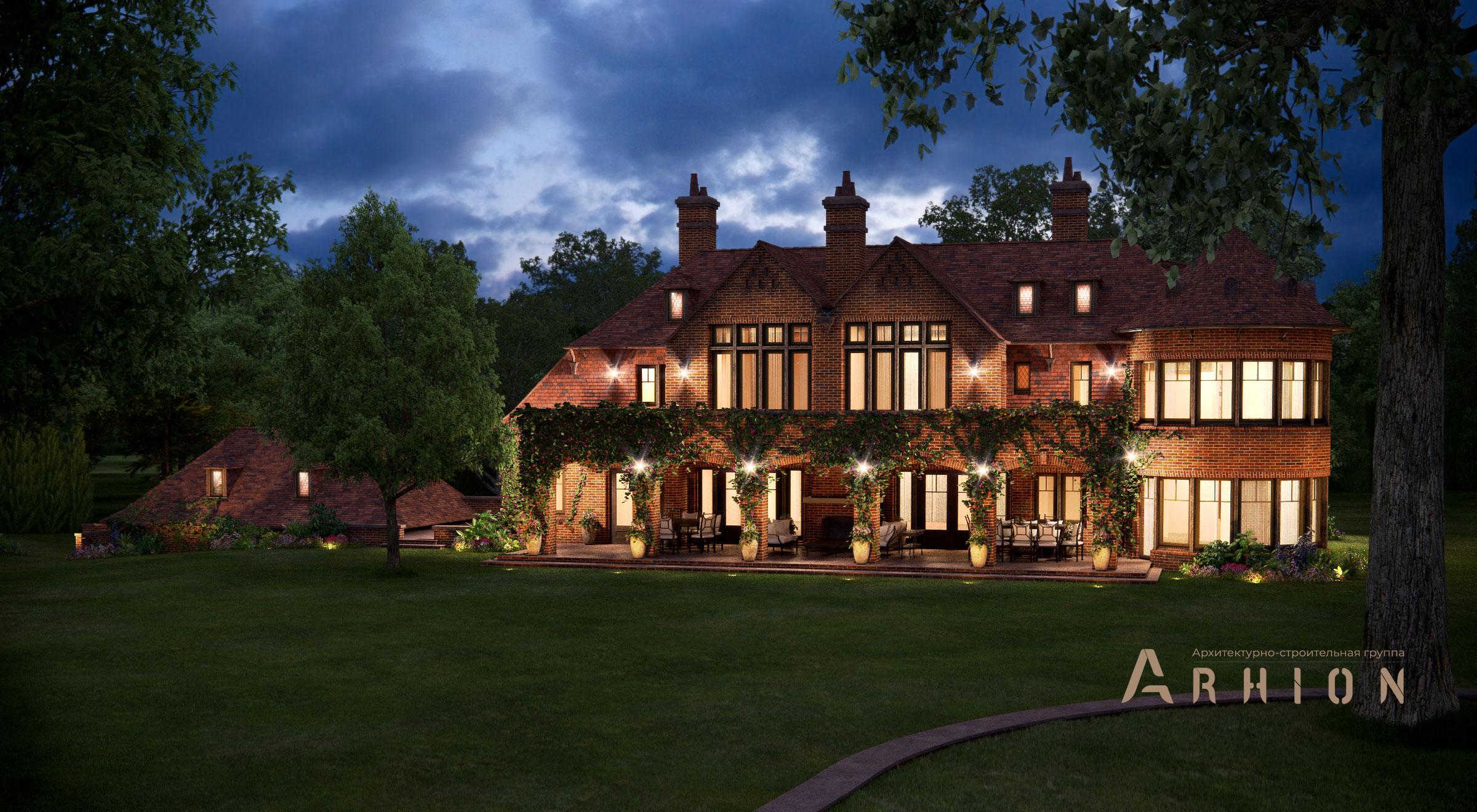 4. Проект двухэтажного дома в английском стиле с многоскатной кровлей, al-1400, площадью - 1400 кв c цокольным этажом, мансардой, сауной, терассой, балконом, гаражом, вторым светом