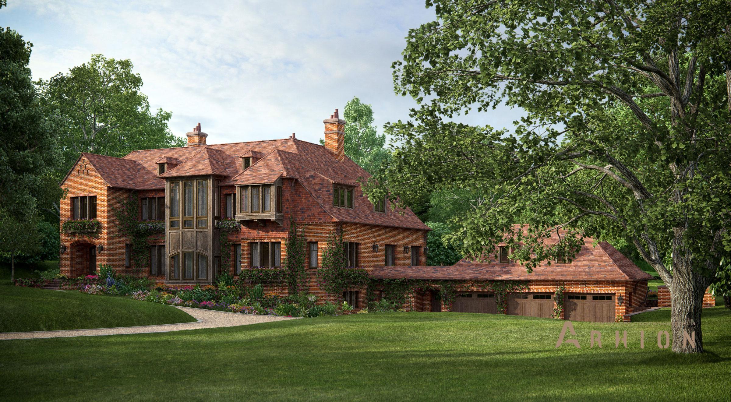 1. Проект двухэтажного дома в английском стиле с многоскатной кровлей, al-1400, площадью - 1400 кв c цокольным этажом, мансардой, сауной, терассой, балконом, гаражом, вторым светом