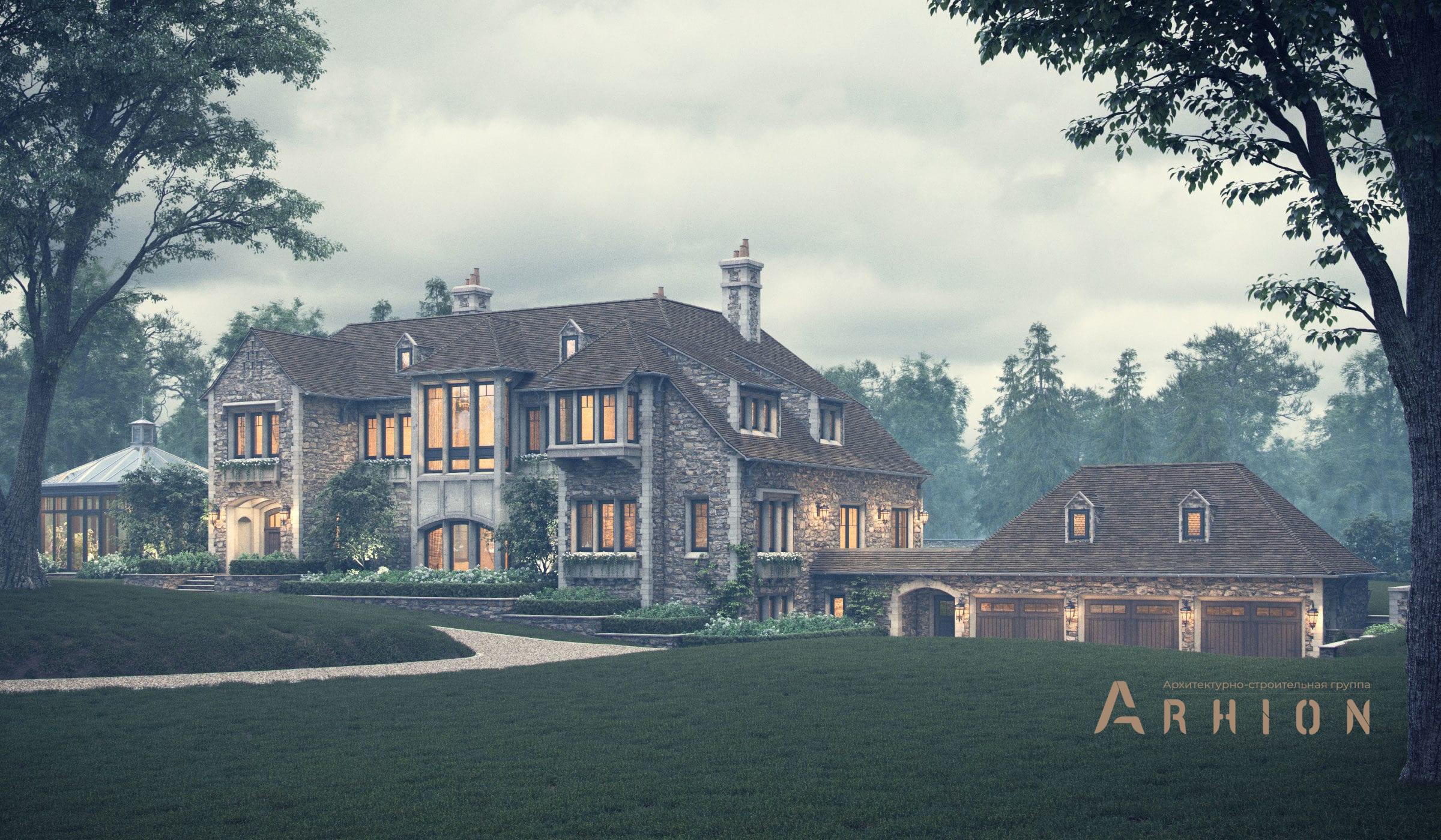 2. Проект двухэтажного дома в английском стиле с многоскатной кровлей, al-1500, площадью - 1500 кв c цокольным этажом, мансардой, сауной, терассой, балконом, гаражом, вторым светом