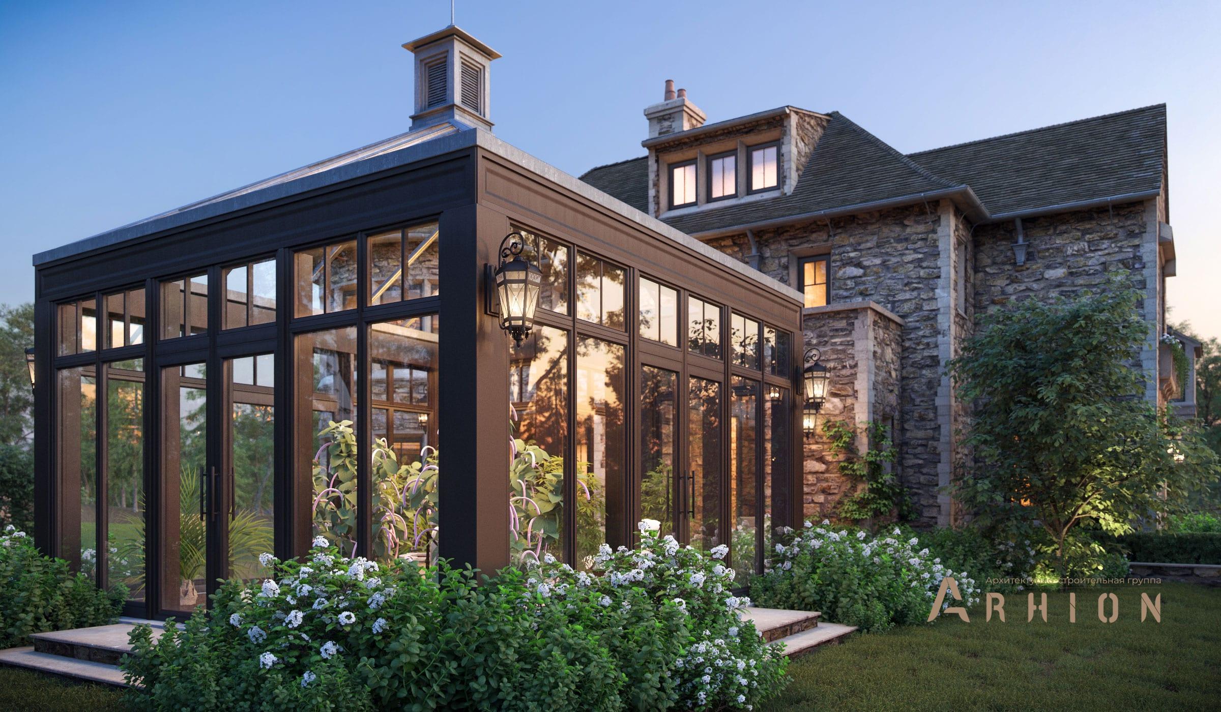 3. Проект двухэтажного дома в английском стиле с многоскатной кровлей, al-1500, площадью - 1500 кв c цокольным этажом, мансардой, сауной, терассой, балконом, гаражом, вторым светом