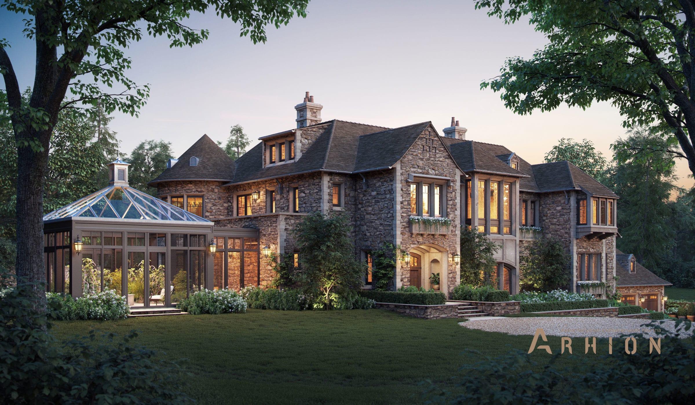 1. Проект двухэтажного дома в английском стиле с многоскатной кровлей, al-1500, площадью - 1500 кв c цокольным этажом, мансардой, сауной, терассой, балконом, гаражом, вторым светом