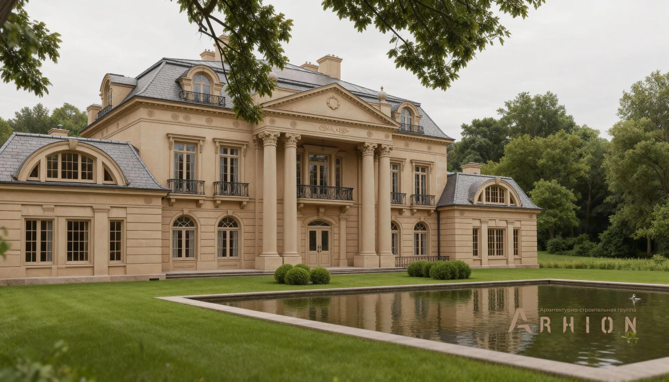 3. Проект двухэтажного дома в классическом стиле с многоскатной кровлей, AM-10, площадью - 846 кв c мансардой, терассой, балконом, гаражом, бассейном, вторым светом