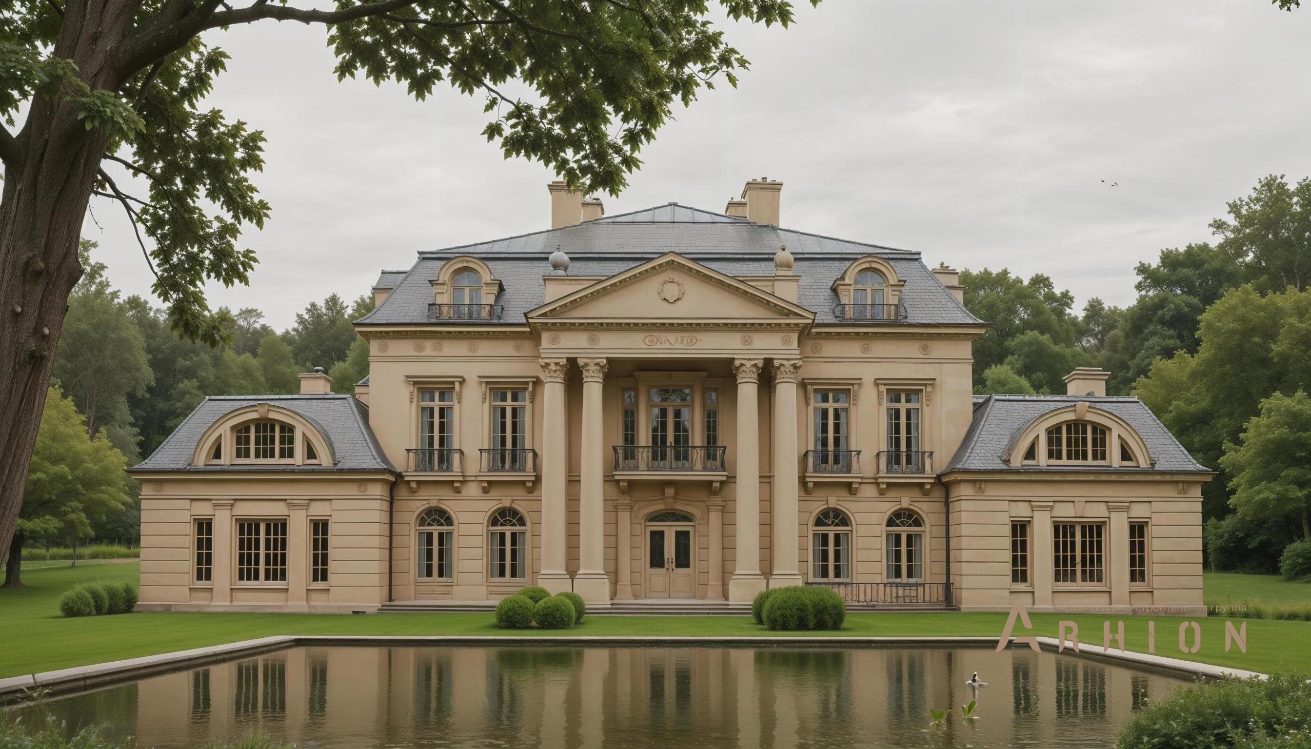 1. Проект двухэтажного дома в классическом стиле с многоскатной кровлей, AM-10, площадью - 846 кв c мансардой, терассой, балконом, гаражом, бассейном, вторым светом