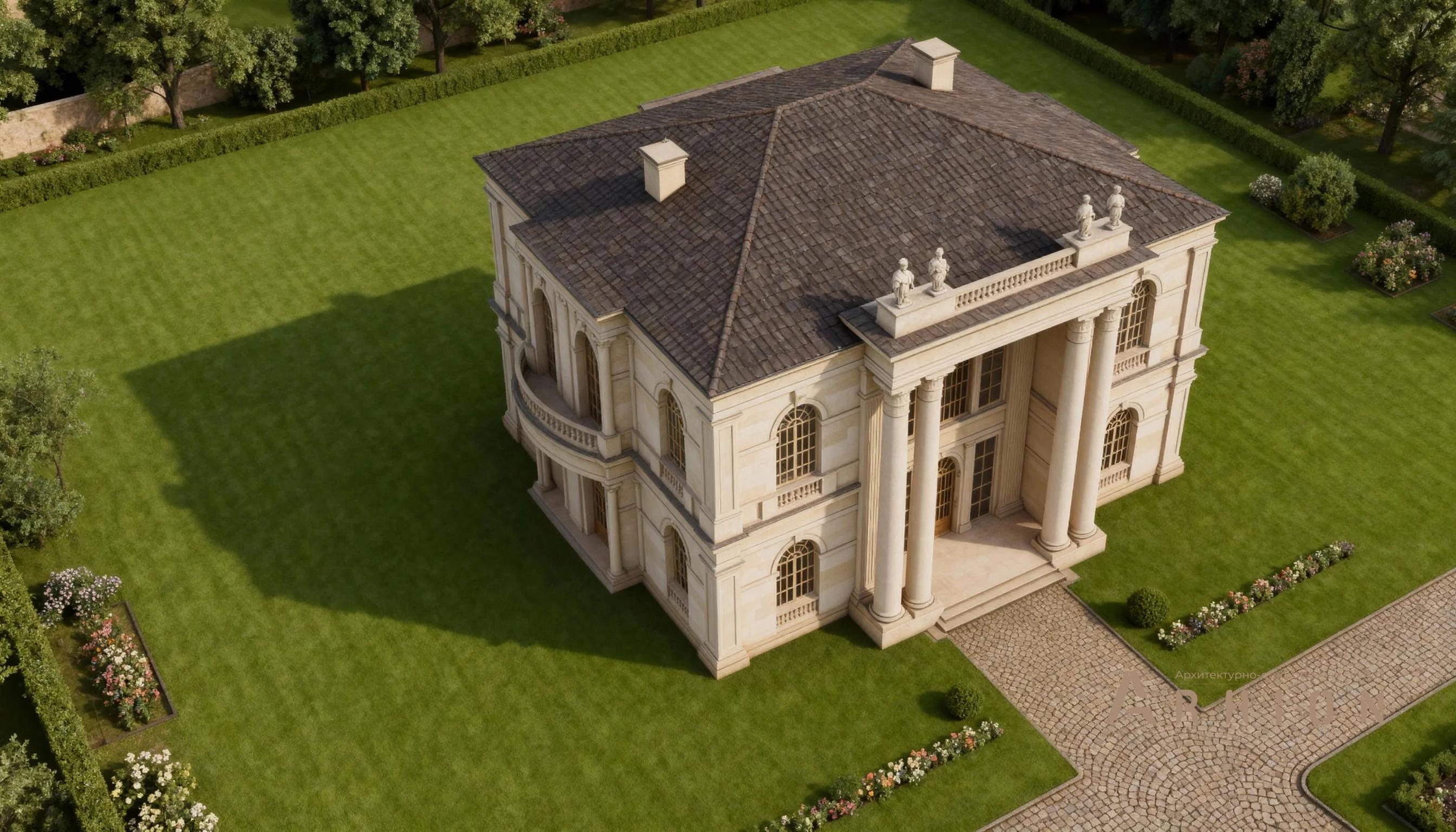 2. Проект двухэтажного дома в классическом стиле с многоскатной кровлей, AM-18, площадью - 900 кв c цокольным этажом, сауной, гаражом