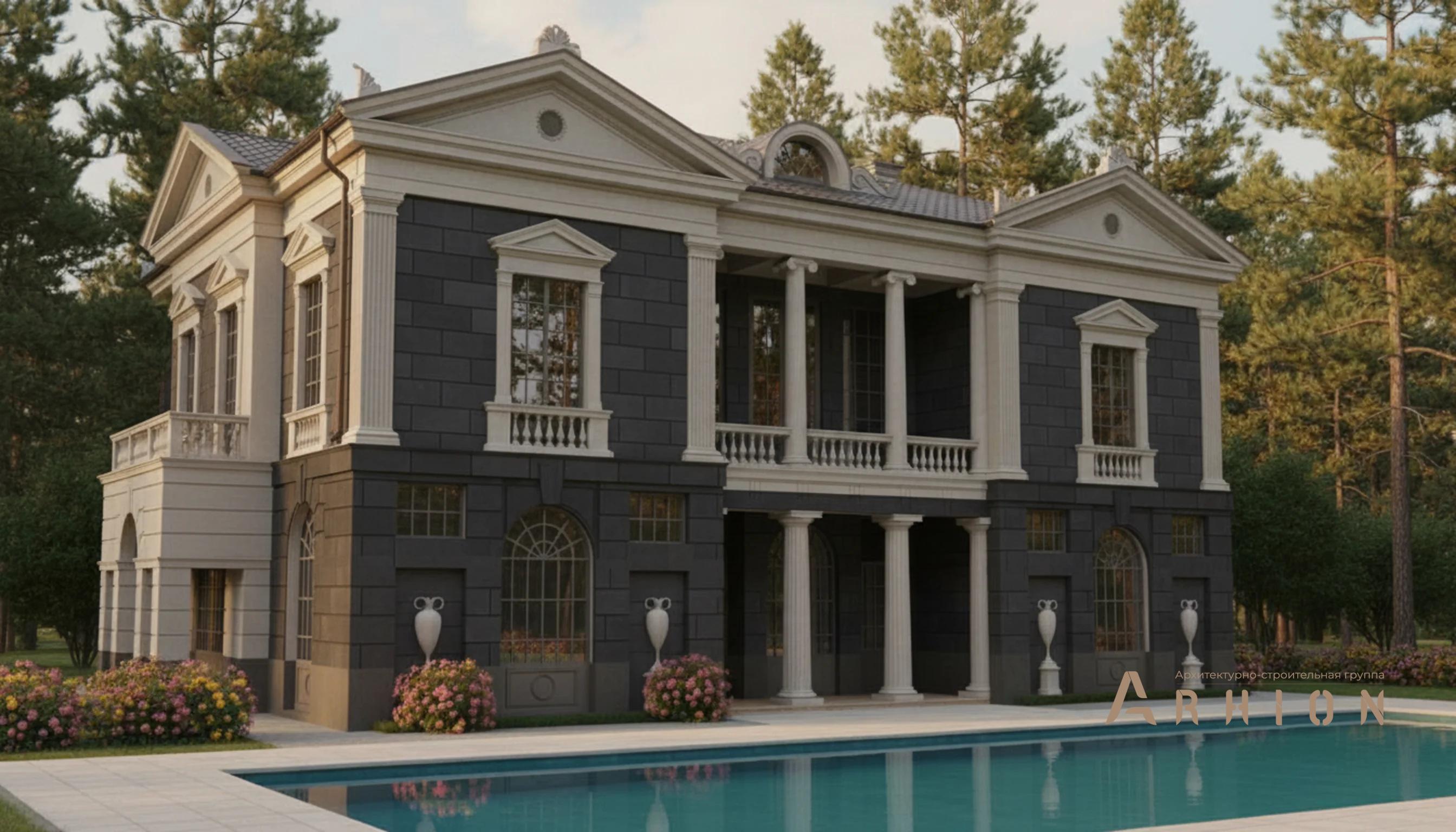 1. Проект двухэтажного дома в классическом стиле с многоскатной кровлей, AM-23, площадью - 562 кв c балконом, гаражом