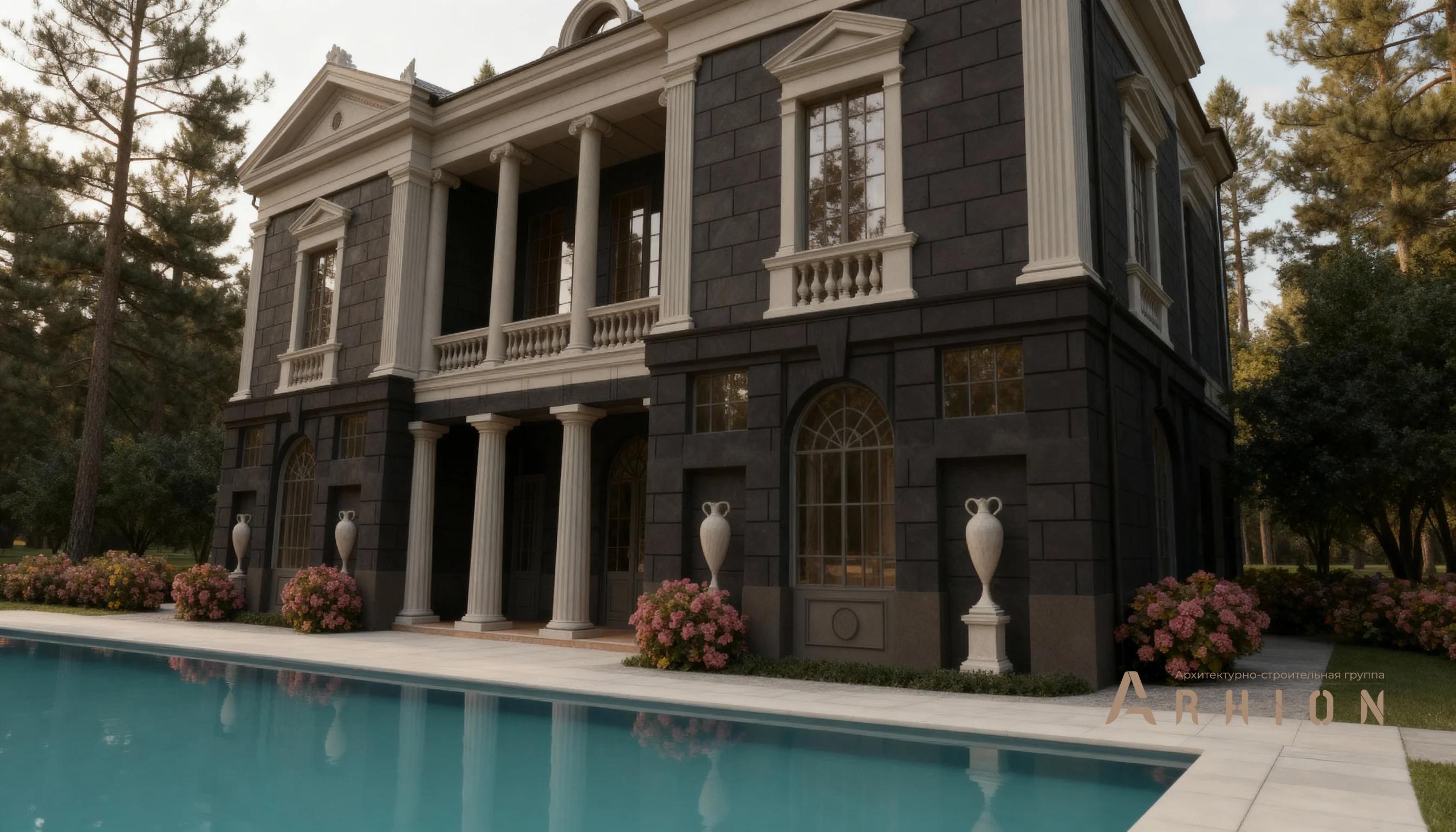 3. Проект двухэтажного дома в классическом стиле с многоскатной кровлей, AM-23, площадью - 562 кв c балконом, гаражом