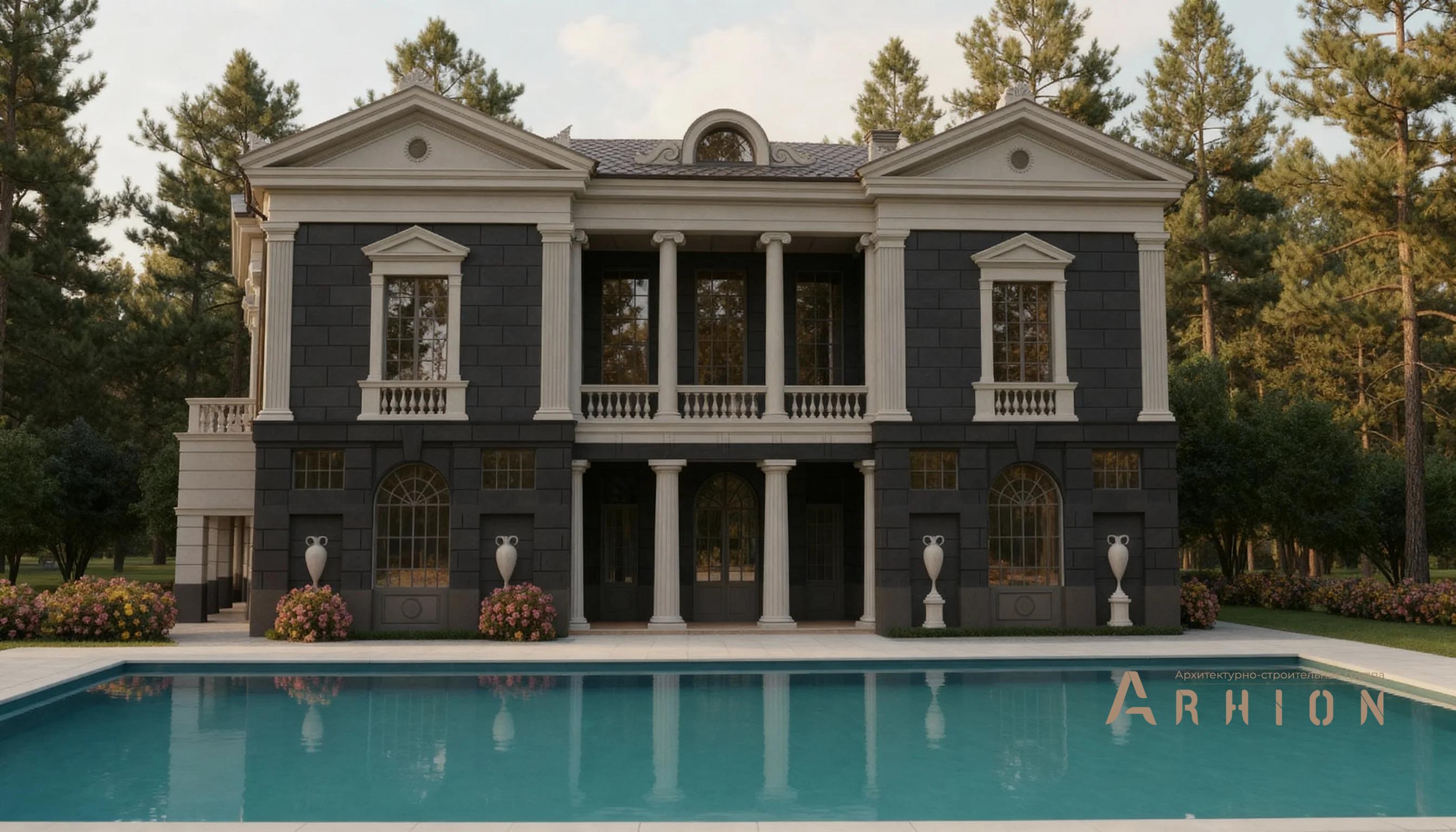 2. Проект двухэтажного дома в классическом стиле с многоскатной кровлей, AM-23, площадью - 562 кв c балконом, гаражом