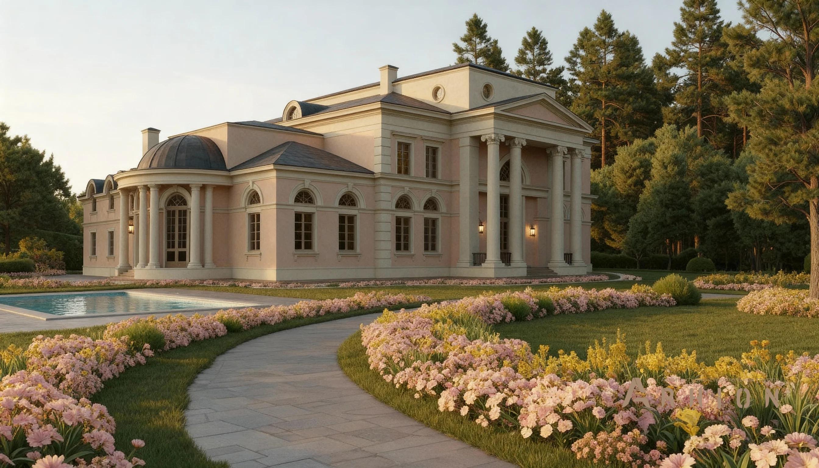 3. Проект двухэтажного дома в классическом стиле с многоскатной кровлей, AM-25, площадью - 987 кв c мансардой, сауной, балконом, гаражом