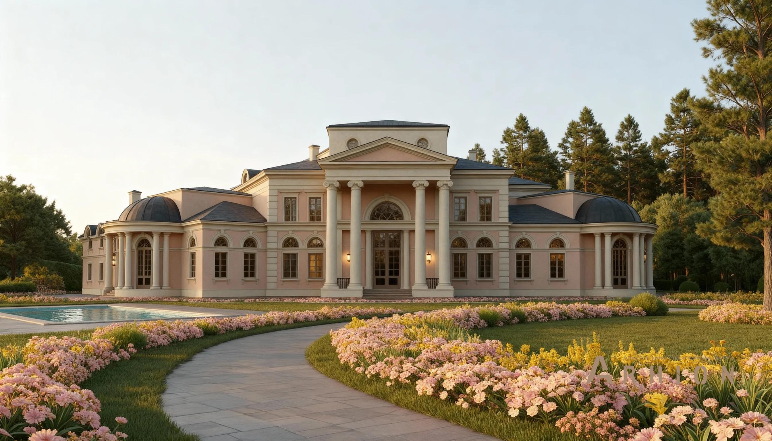 1. Проект двухэтажного дома в классическом стиле с многоскатной кровлей, AM-25, площадью - 987 кв c мансардой, сауной, балконом, гаражом