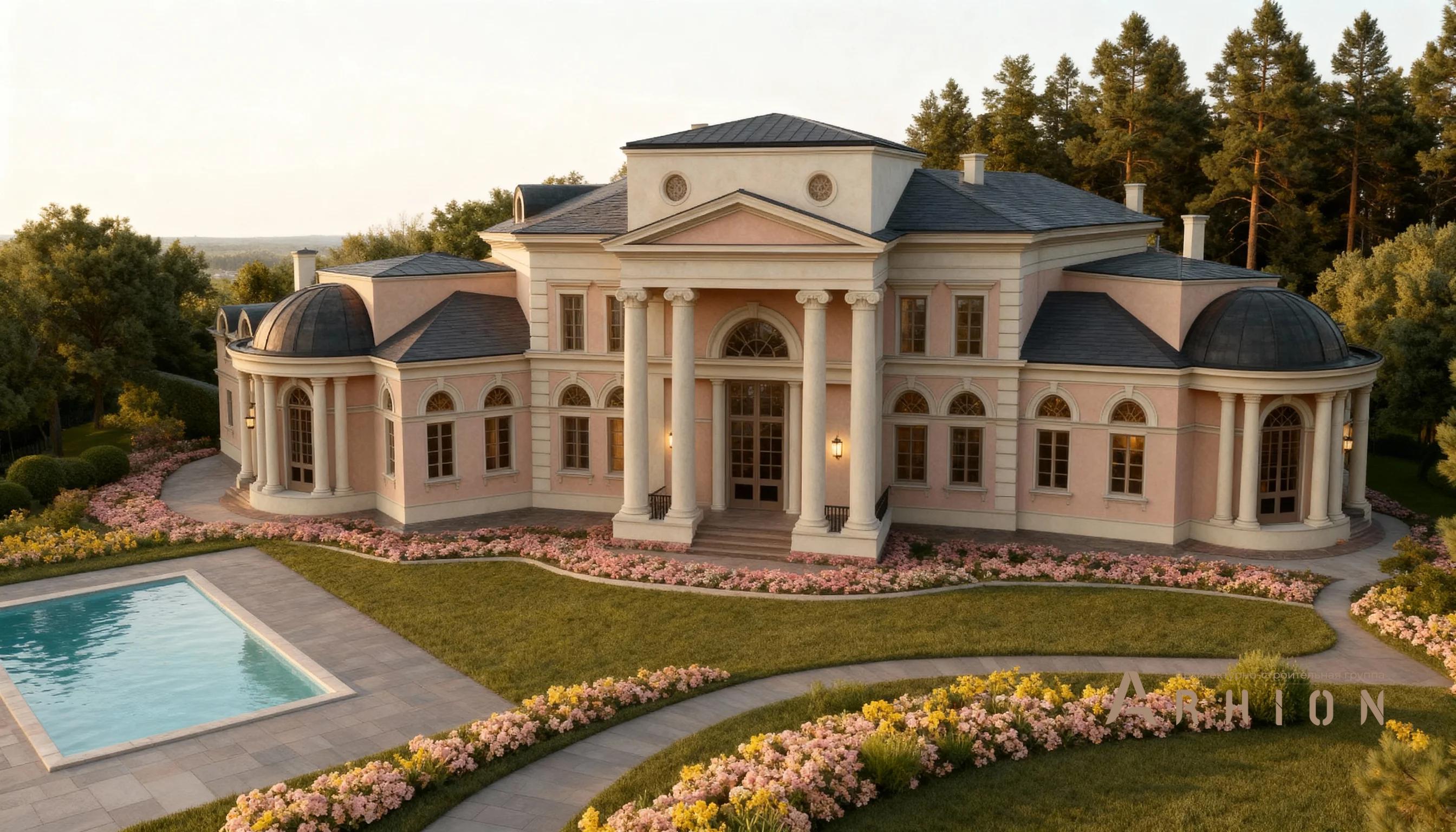 2. Проект двухэтажного дома в классическом стиле с многоскатной кровлей, AM-25, площадью - 987 кв c мансардой, сауной, балконом, гаражом