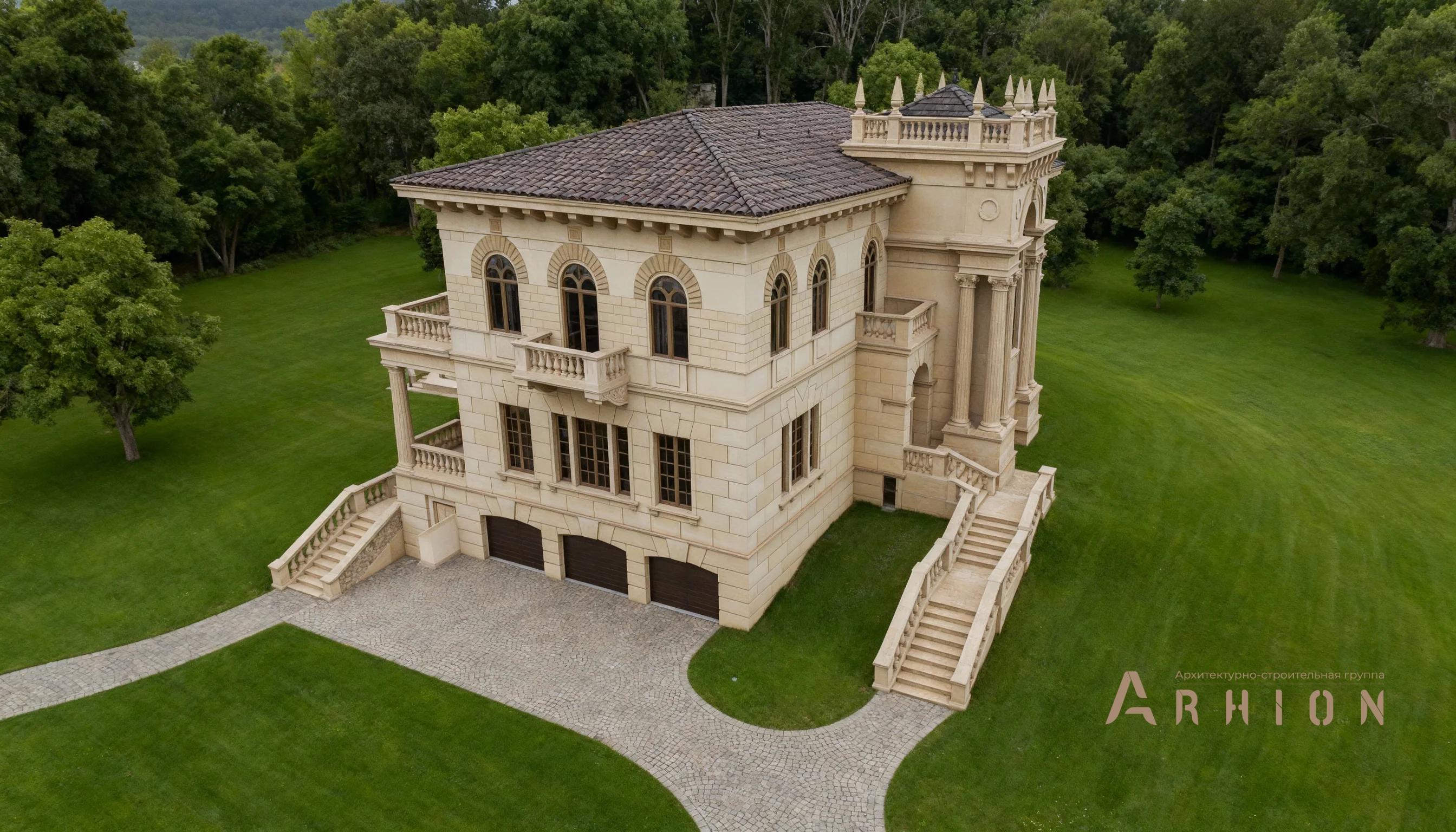 2. Проект двухэтажного дома в классическом стиле с многоскатной кровлей, AM-27, площадью - 616 кв c цокольным этажом, сауной, терассой, балконом, гаражом