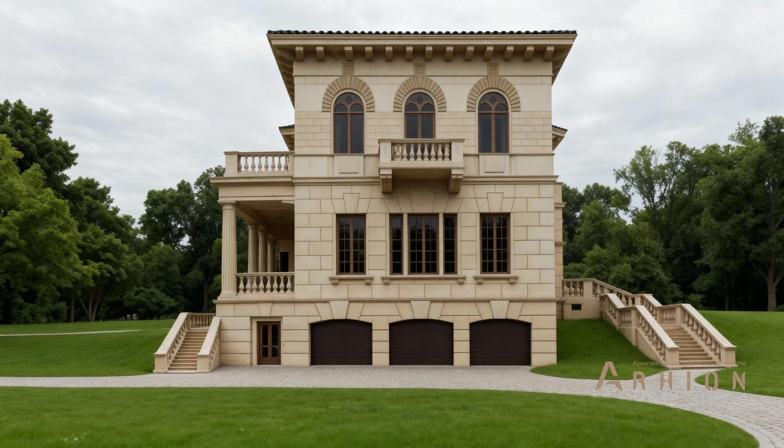 3. Проект двухэтажного дома в классическом стиле с многоскатной кровлей, AM-27, площадью - 616 кв c цокольным этажом, сауной, терассой, балконом, гаражом