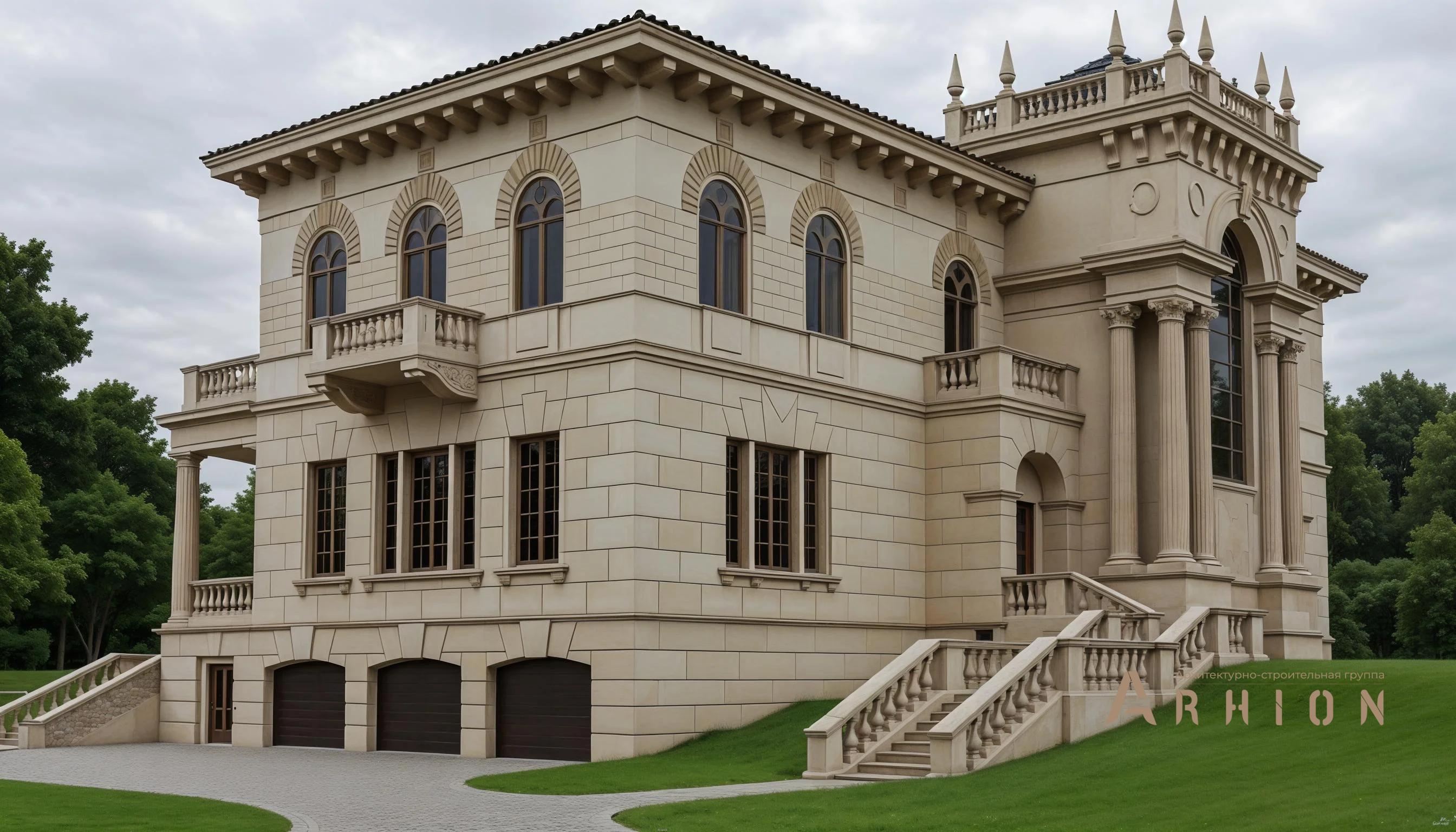 1. Проект двухэтажного дома в классическом стиле с многоскатной кровлей, AM-27, площадью - 616 кв c цокольным этажом, сауной, терассой, балконом, гаражом