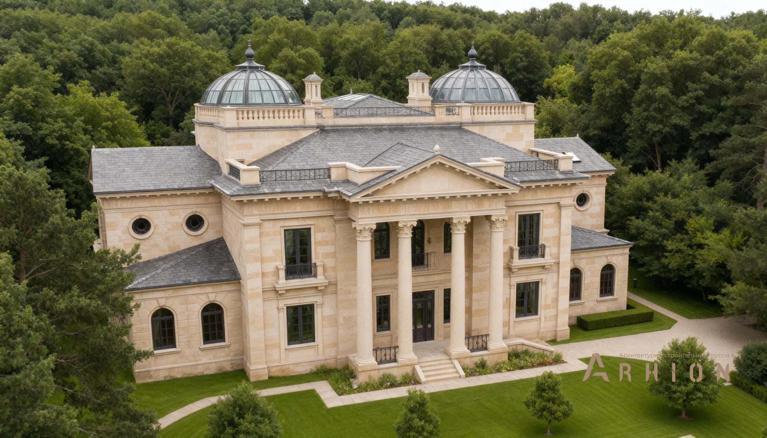 3. Проект двухэтажного дома в классическом стиле с многоскатной кровлей, AM-28, площадью - 820 кв c мансардой, сауной, гаражом, бассейном, вторым светом