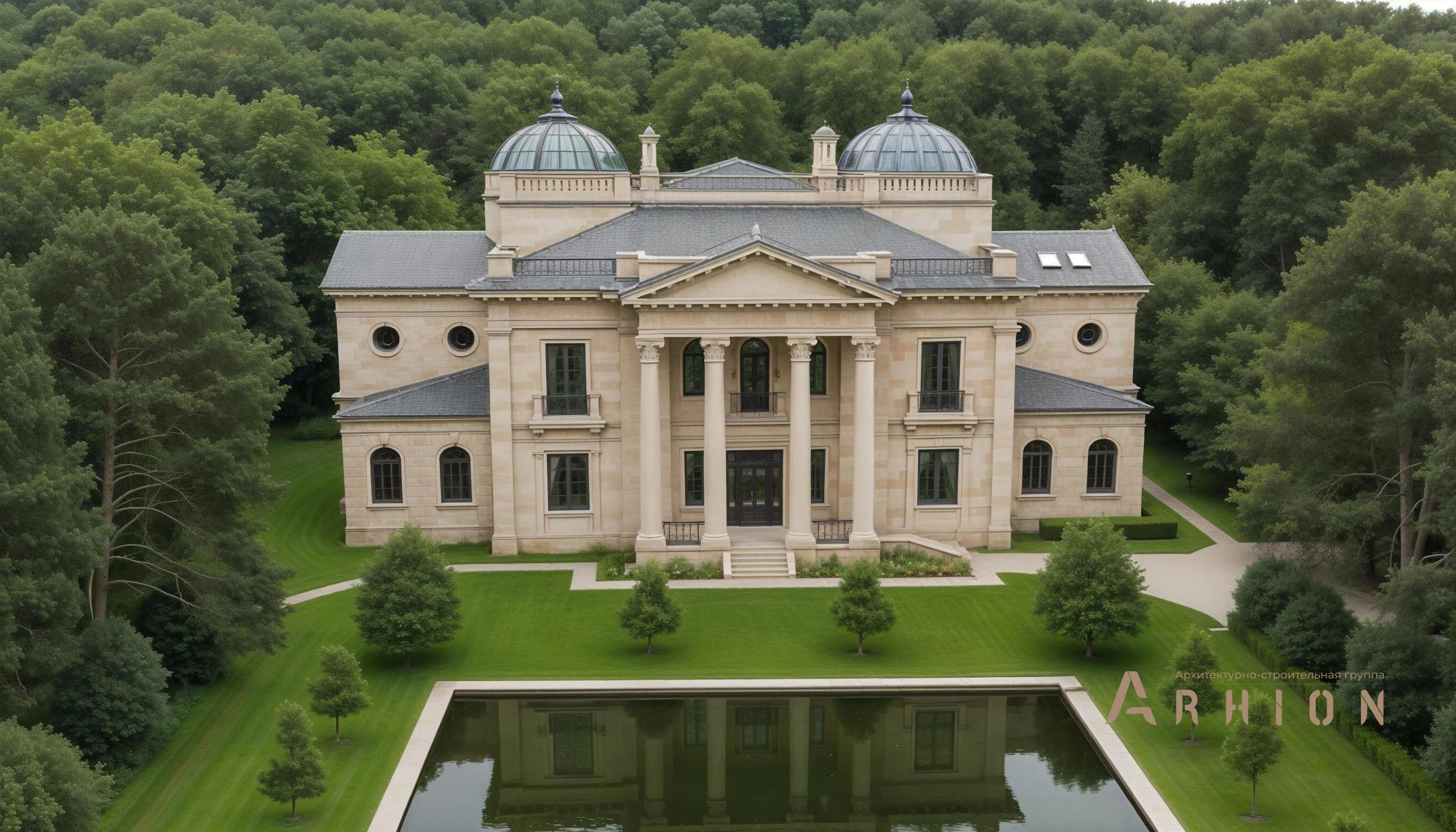 1. Проект двухэтажного дома в классическом стиле с многоскатной кровлей, AM-28, площадью - 820 кв c мансардой, сауной, гаражом, бассейном, вторым светом