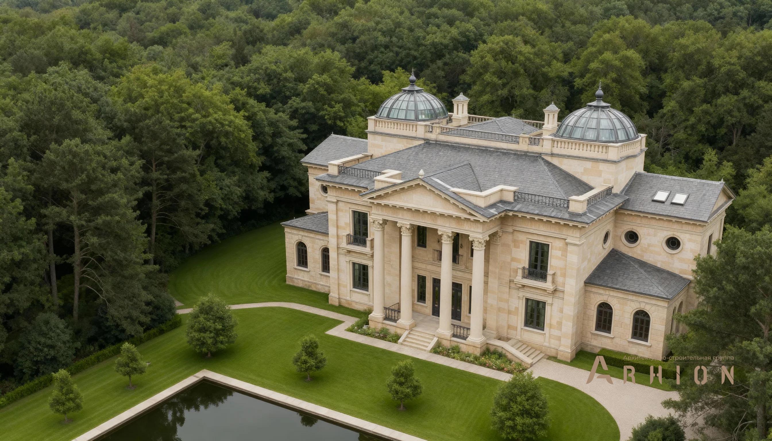 2. Проект двухэтажного дома в классическом стиле с многоскатной кровлей, AM-28, площадью - 820 кв c мансардой, сауной, гаражом, бассейном, вторым светом