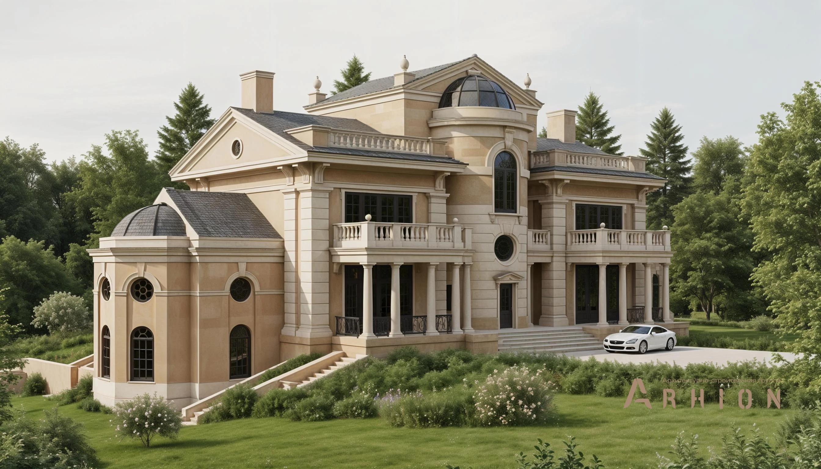 1. Проект двухэтажного дома в классическом стиле с многоскатной кровлей, AM-31, площадью - 730 кв c цокольным этажом, сауной, терассой, балконом, бассейном, вторым светом