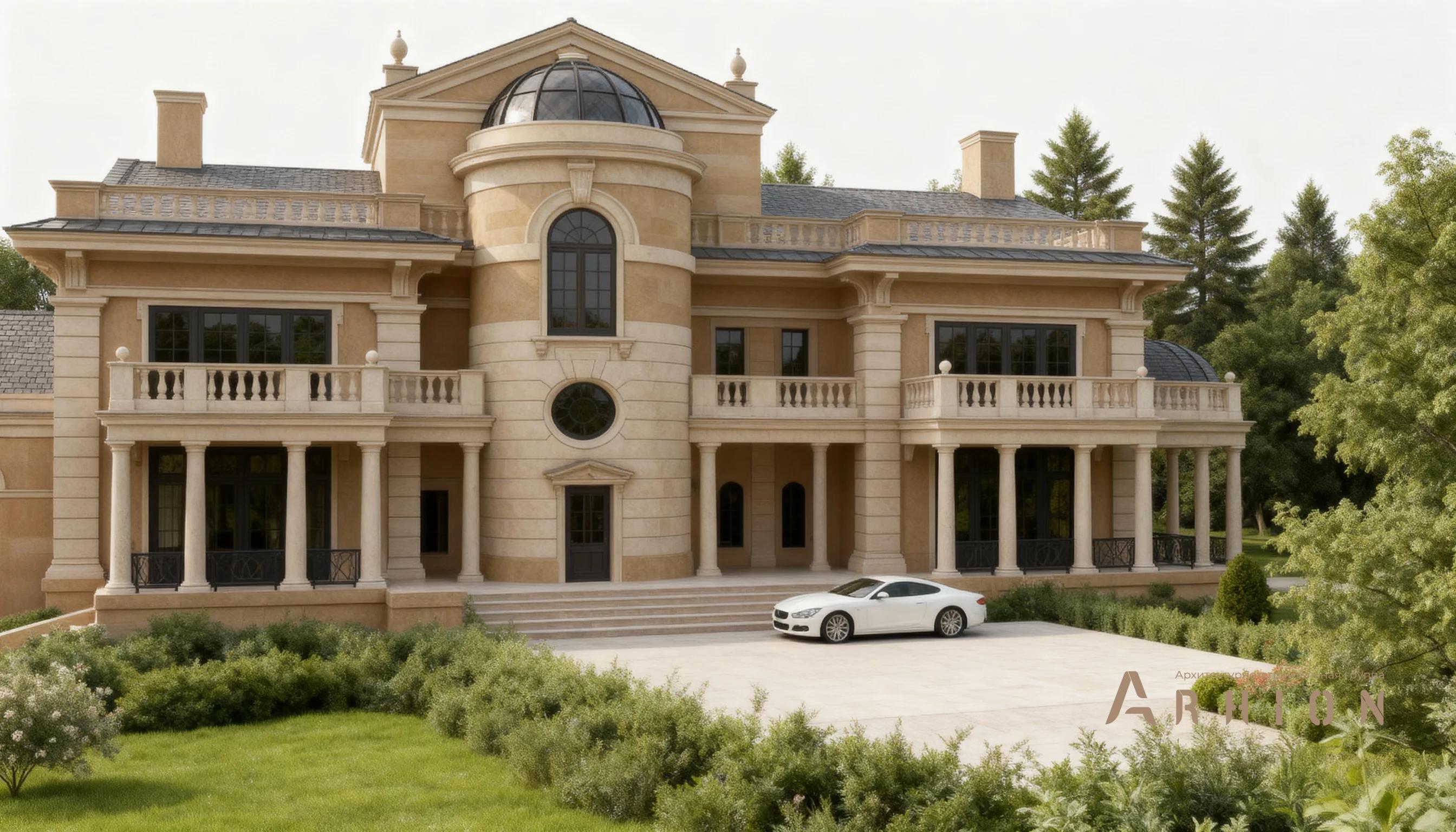 3. Проект двухэтажного дома в классическом стиле с многоскатной кровлей, AM-31, площадью - 730 кв c цокольным этажом, сауной, терассой, балконом, бассейном, вторым светом