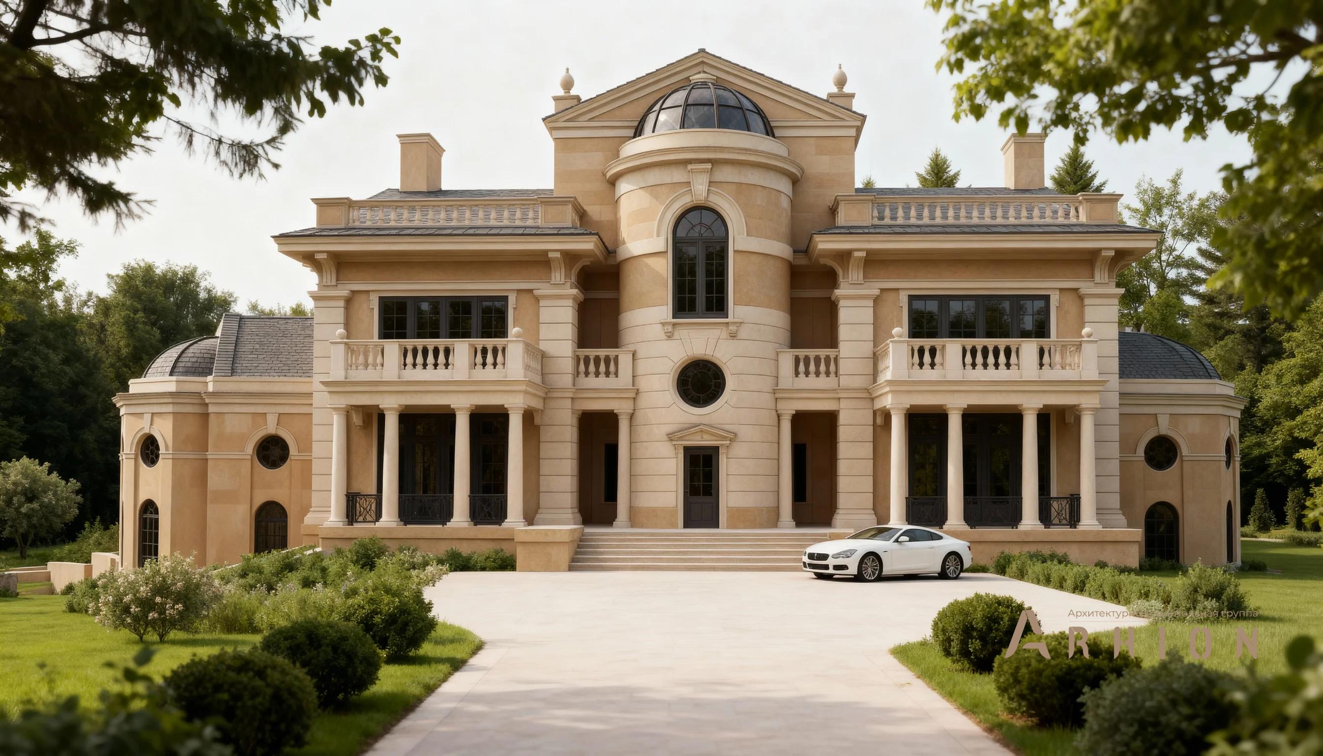 2. Проект двухэтажного дома в классическом стиле с многоскатной кровлей, AM-31, площадью - 730 кв c цокольным этажом, сауной, терассой, балконом, бассейном, вторым светом