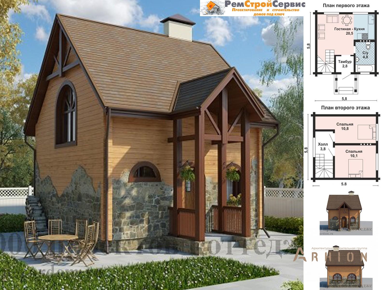 1. Проект одноэтажного дома в современном стиле с двускатной кровлей, AS-2043-2, площадью - 53 кв c мансардой