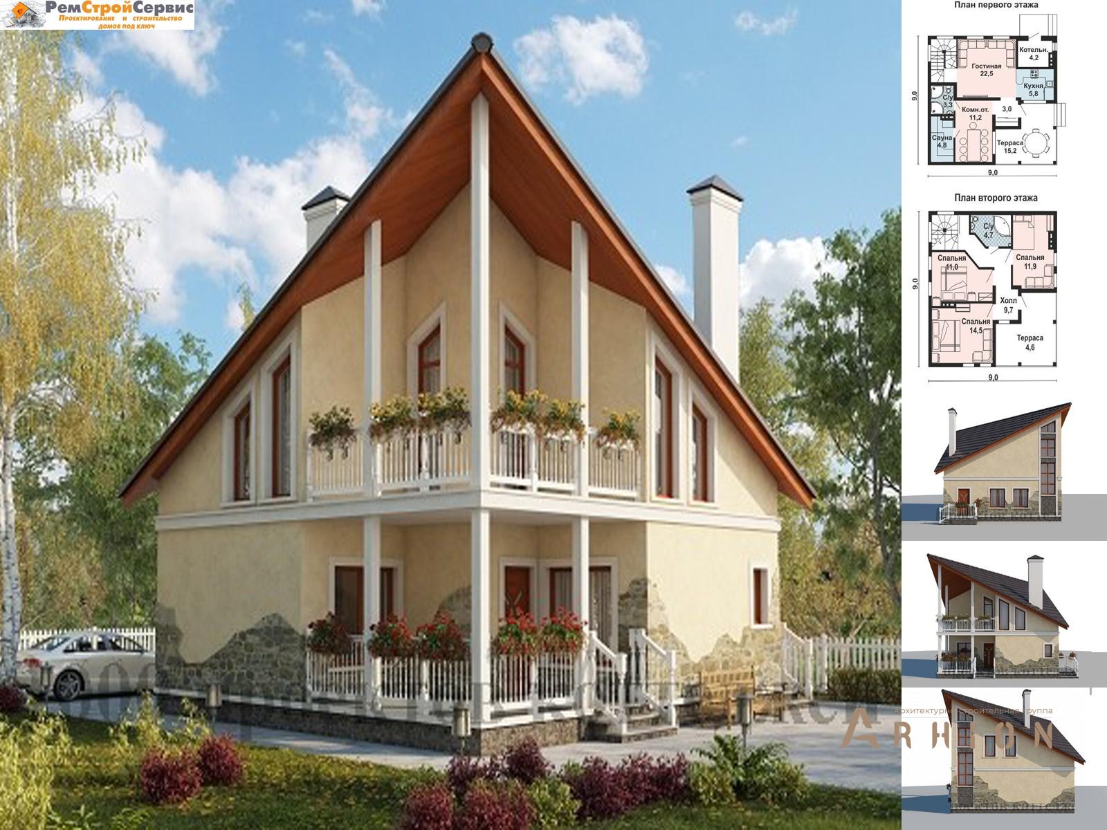 1. Проект двухэтажного дома в современном стиле с плоской кровлей , AS-2156, площадью - 117 кв c сауной, терассой