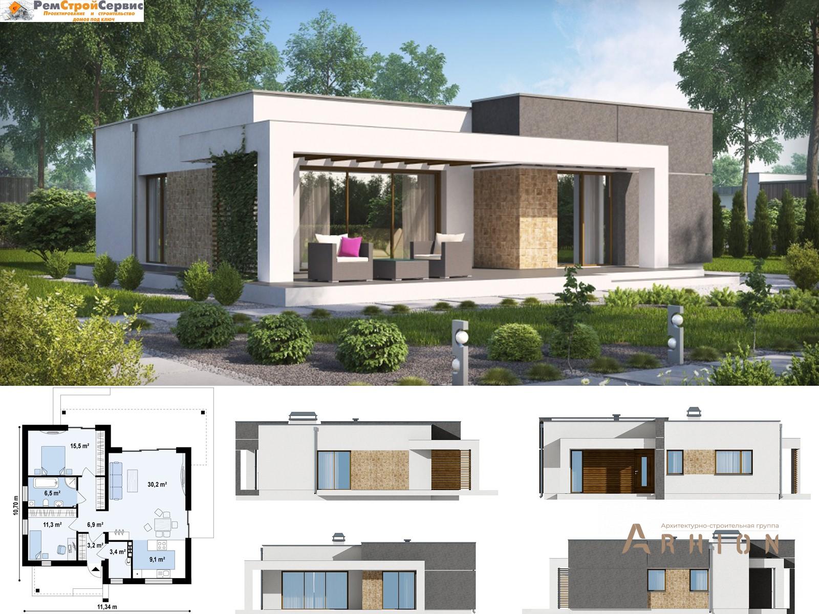 1. Проект одноэтажного дома в современном стиле с плоской кровлей , AS-3-86, площадью - 121 кв
