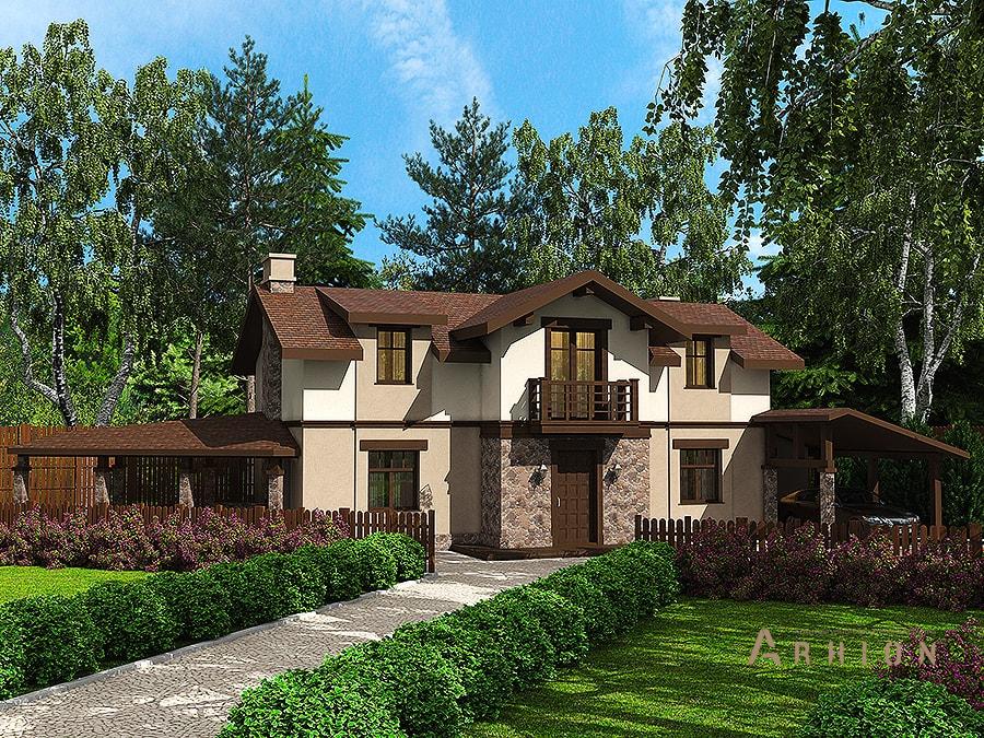 1. Проект двухэтажного дома в европейском стиле с многоскатной кровлей, av-160, площадью - 160 кв c терассой, балконом, гаражом