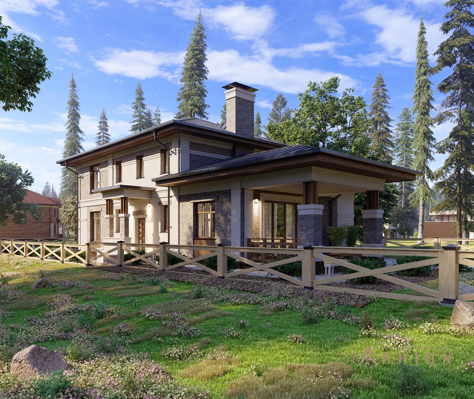 2. Проект двухэтажного дома в современном стиле с многоскатной кровлей, av-200, площадью - 394 кв c цокольным этажом, мансардой, терассой, гаражом