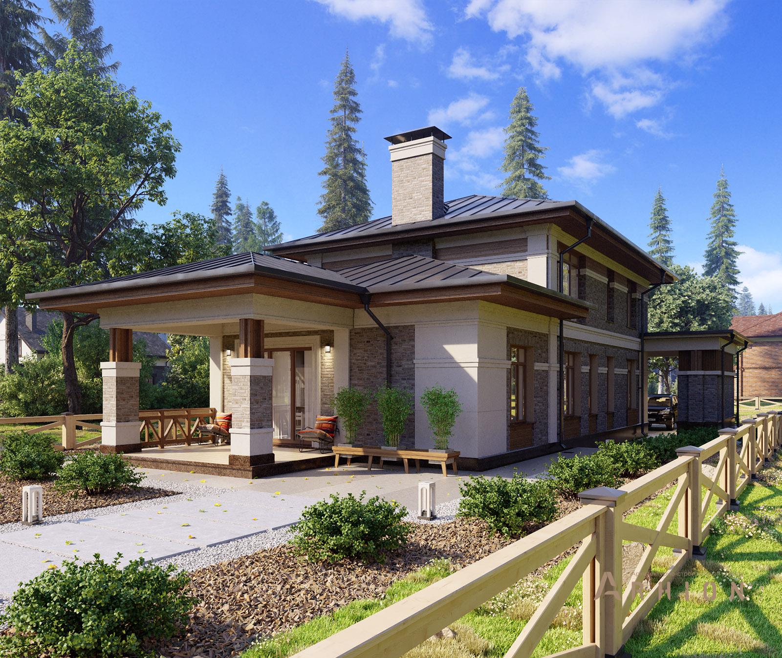 3. Проект двухэтажного дома в современном стиле с многоскатной кровлей, av-200, площадью - 394 кв c цокольным этажом, мансардой, терассой, гаражом