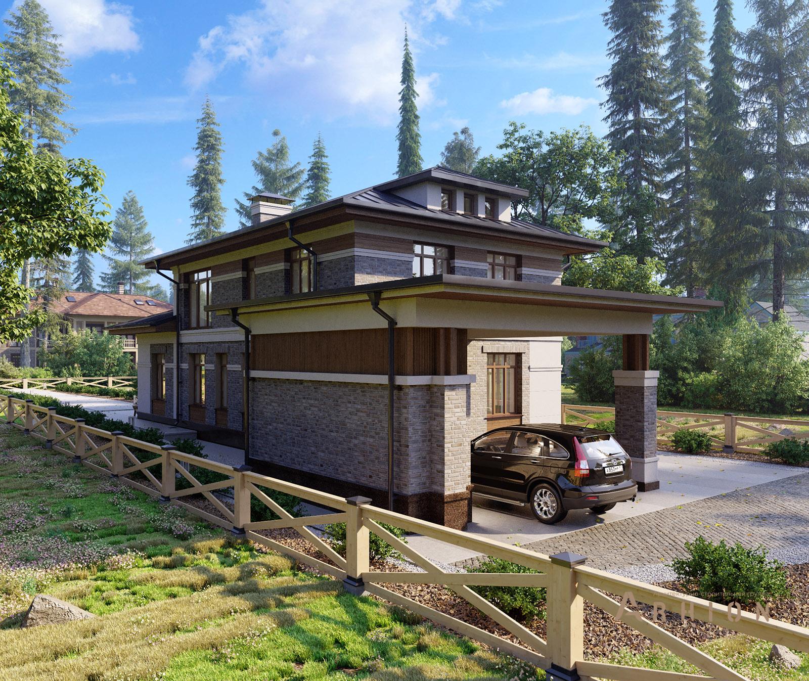 5. Проект двухэтажного дома в современном стиле с многоскатной кровлей, av-200, площадью - 394 кв c цокольным этажом, мансардой, терассой, гаражом