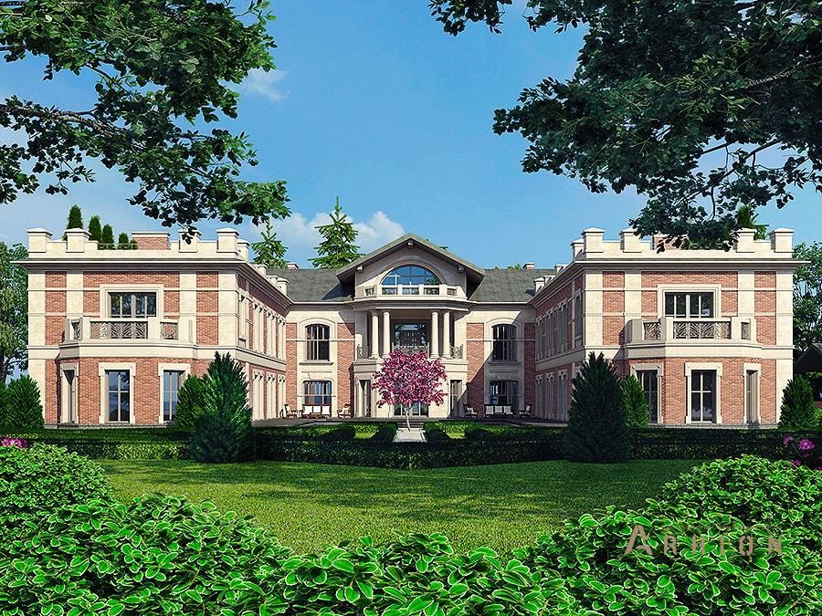 1. Проект двухэтажного дома в замковом стиле с многоскатной кровлей, av-2500, площадью - 2500 кв c цокольным этажом
