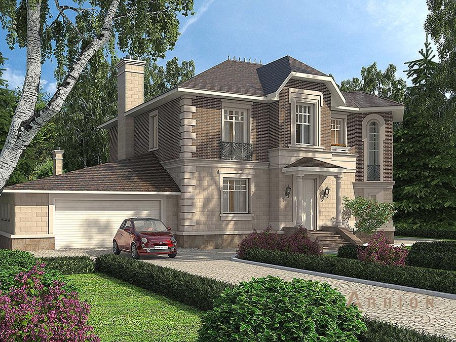 1. Проект двухэтажного дома в канадском стиле с многоскатной кровлей, av-275, площадью - 275 кв c гаражом, эркером