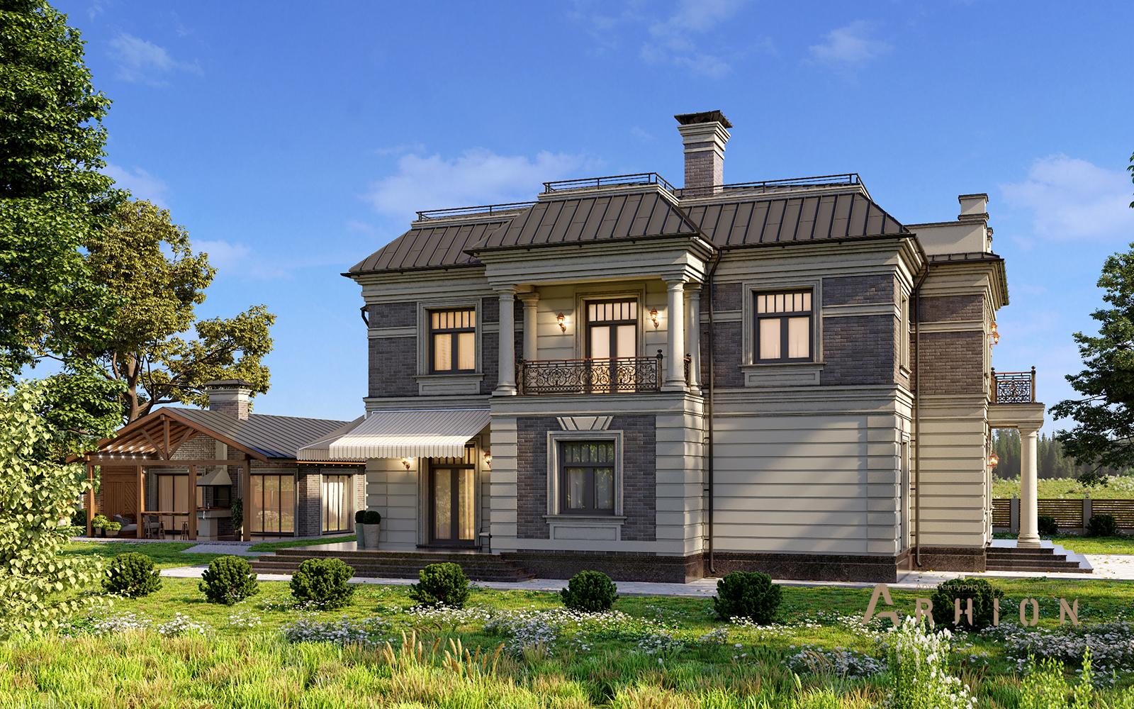 2. Проект двухэтажного дома в современном классическом стиле с многоскатной кровлей, av-345, площадью - 377 кв c балконом, эркером